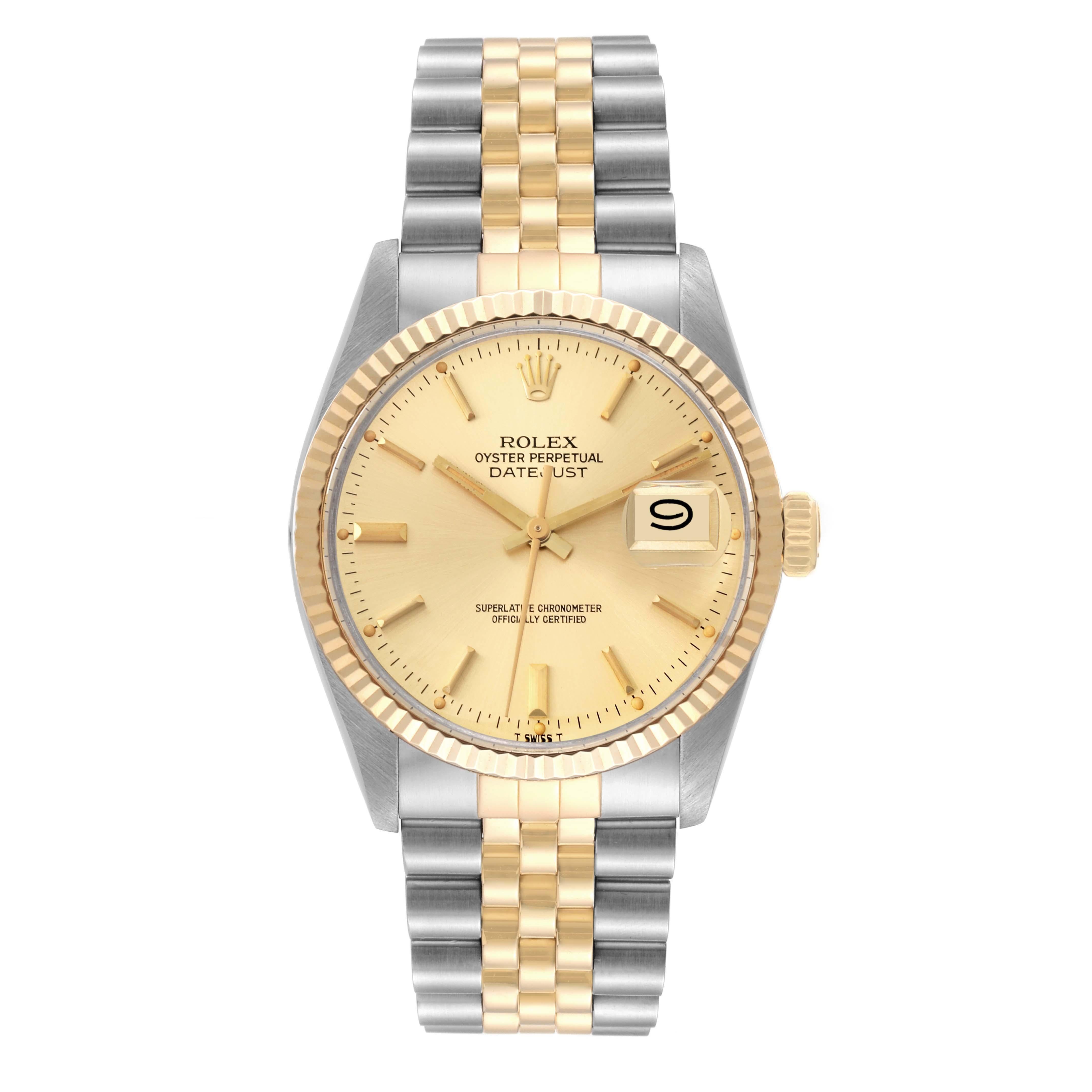 Rolex Datejust Steel Yellow Gold Vintage Mens Watch 16013 Box Papers. Officially certified chronometer automatic self-winding movement. Stainless steel and 18K yellow gold oyster case 36.0 mm in diameter. Rolex logo on an 18k yellow gold crown. 18k