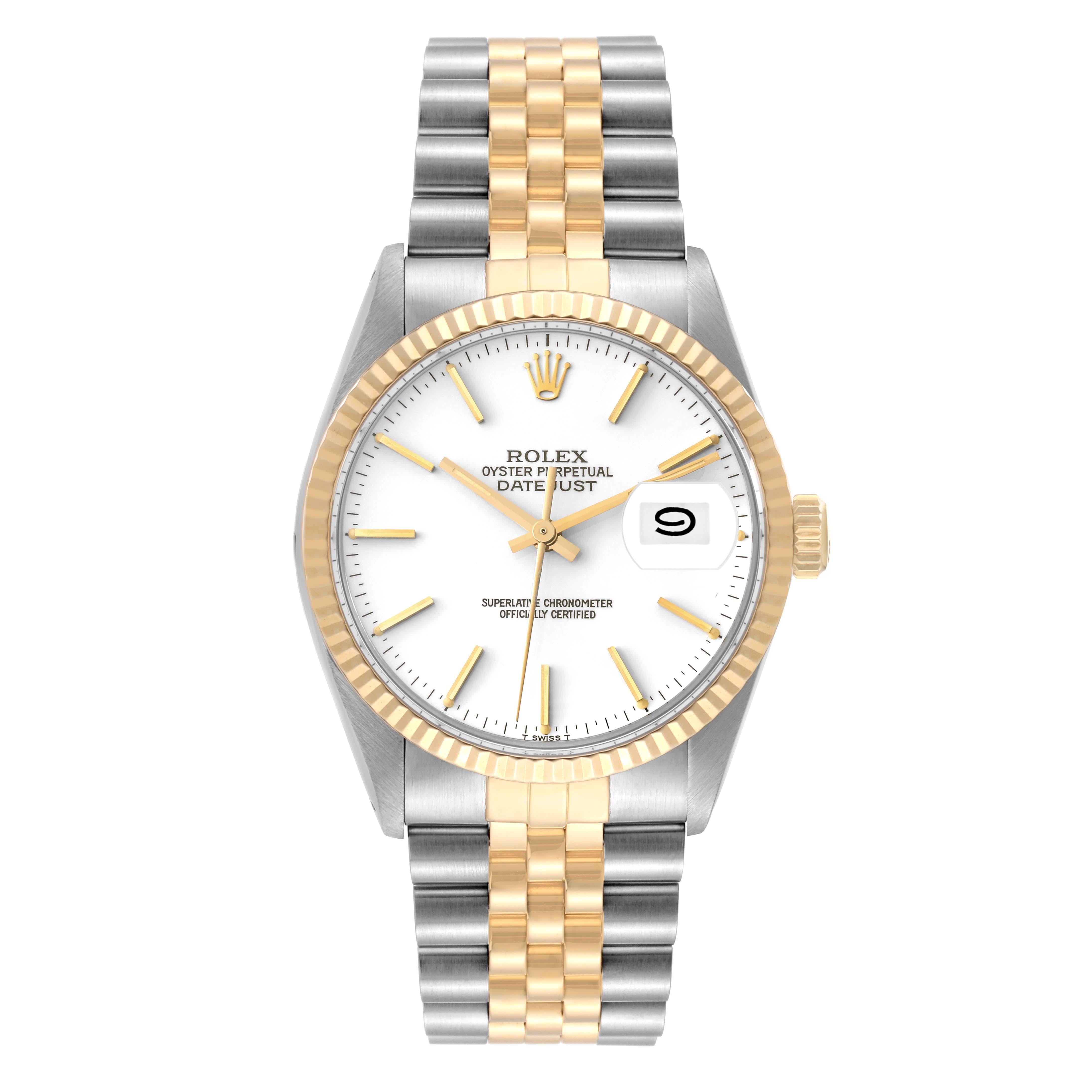 Rolex Datejust Steel Yellow Gold Vintage Mens Watch 16013. Officially certified chronometer automatic self-winding movement. Stainless steel and 18K yellow gold oyster case 36.0 mm in diameter. Rolex logo on an 18k yellow gold crown. 18k yellow gold