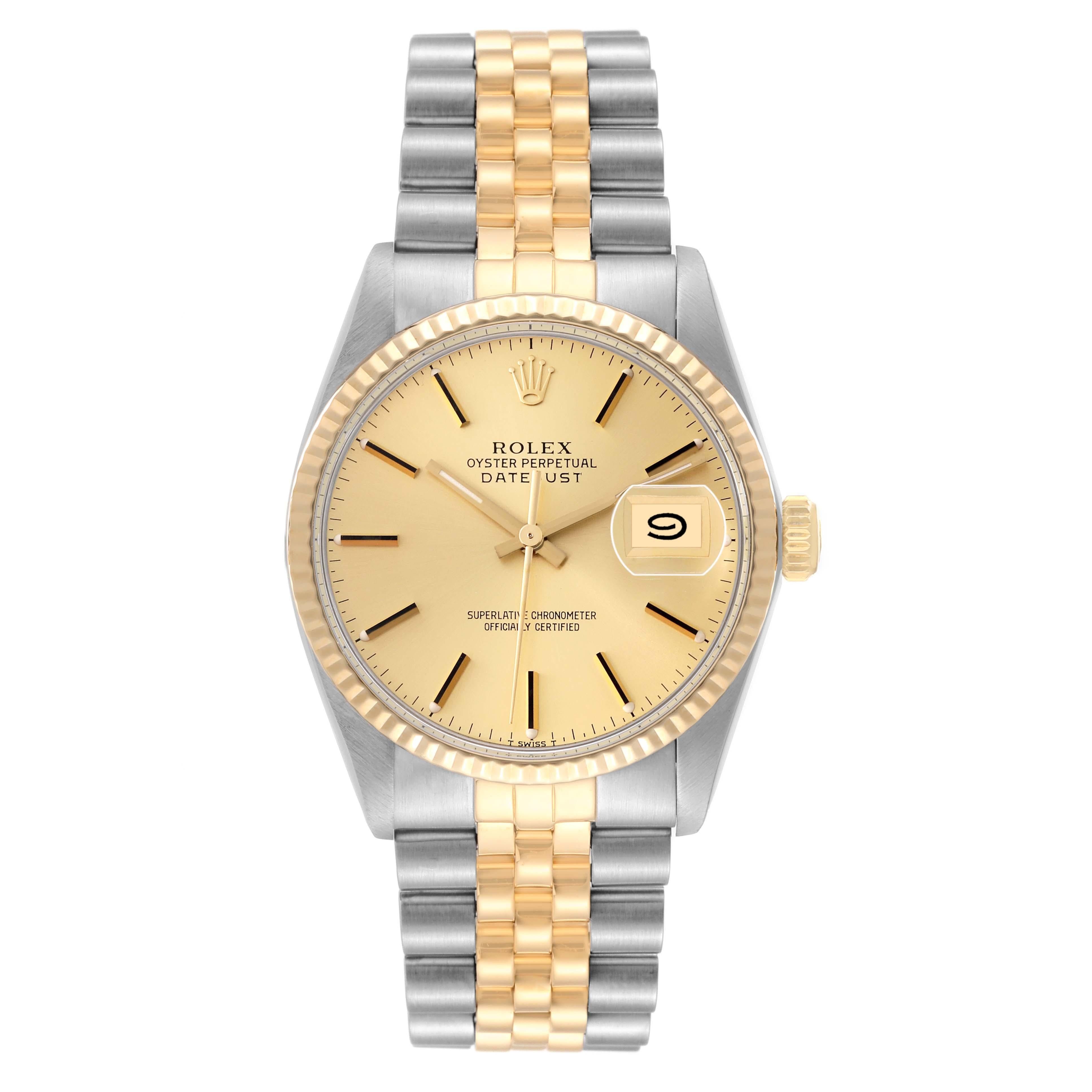 Rolex Datejust Steel Yellow Gold Vintage Mens Watch 16013. Officially certified chronometer automatic self-winding movement. Stainless steel and 18k yellow gold oyster case 36.0 mm in diameter. Rolex logo on an 18k yellow gold crown. 18k yellow gold
