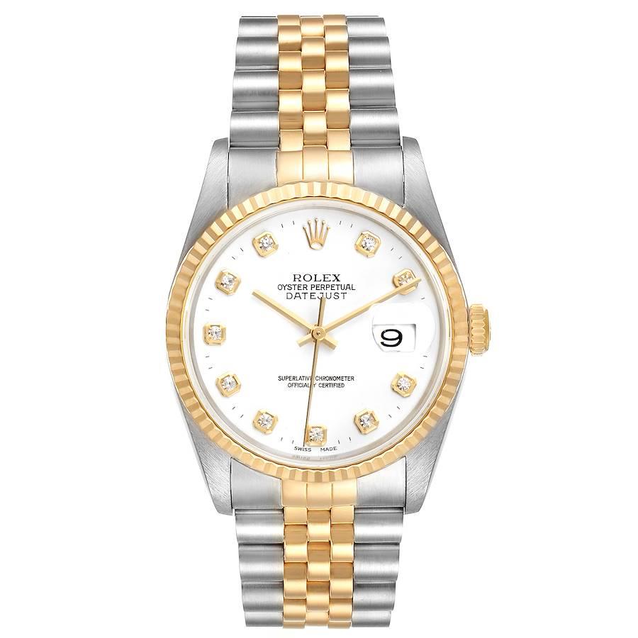 Rolex Datejust Steel Yellow Gold White Dial Diamond Mens Watch 16233. Officially certified chronometer automatic self-winding movement. Stainless steel case 36.0 mm in diameter. Rolex logo on a crown. 18k yellow gold fluted bezel. Scratch resistant