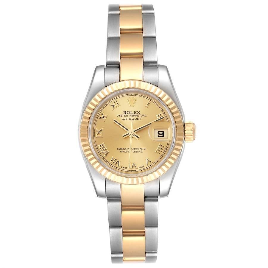 Rolex Datejust Steel Yellow Gold White Dial Ladies Watch 179173. Officially certified chronometer self-winding movement. Stainless steel oyster case 26 mm in diameter. Rolex logo on a 18k yellow gold crown. 18k yellow gold smooth domed bezel.