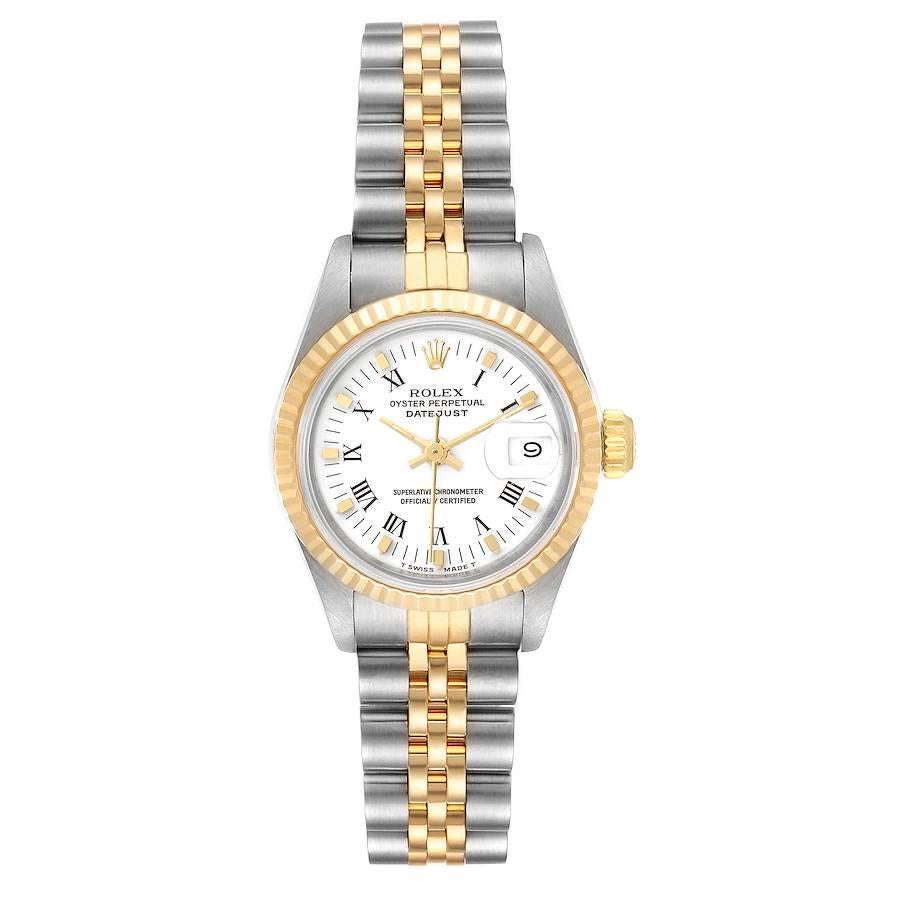 Rolex Datejust Steel Yellow Gold White Dial Ladies Watch 69173 Box. Officially certified chronometer self-winding movement. Stainless steel oyster case 26 mm in diameter. Rolex logo on a crown. 18k yellow gold fluted bezel. Scratch resistant