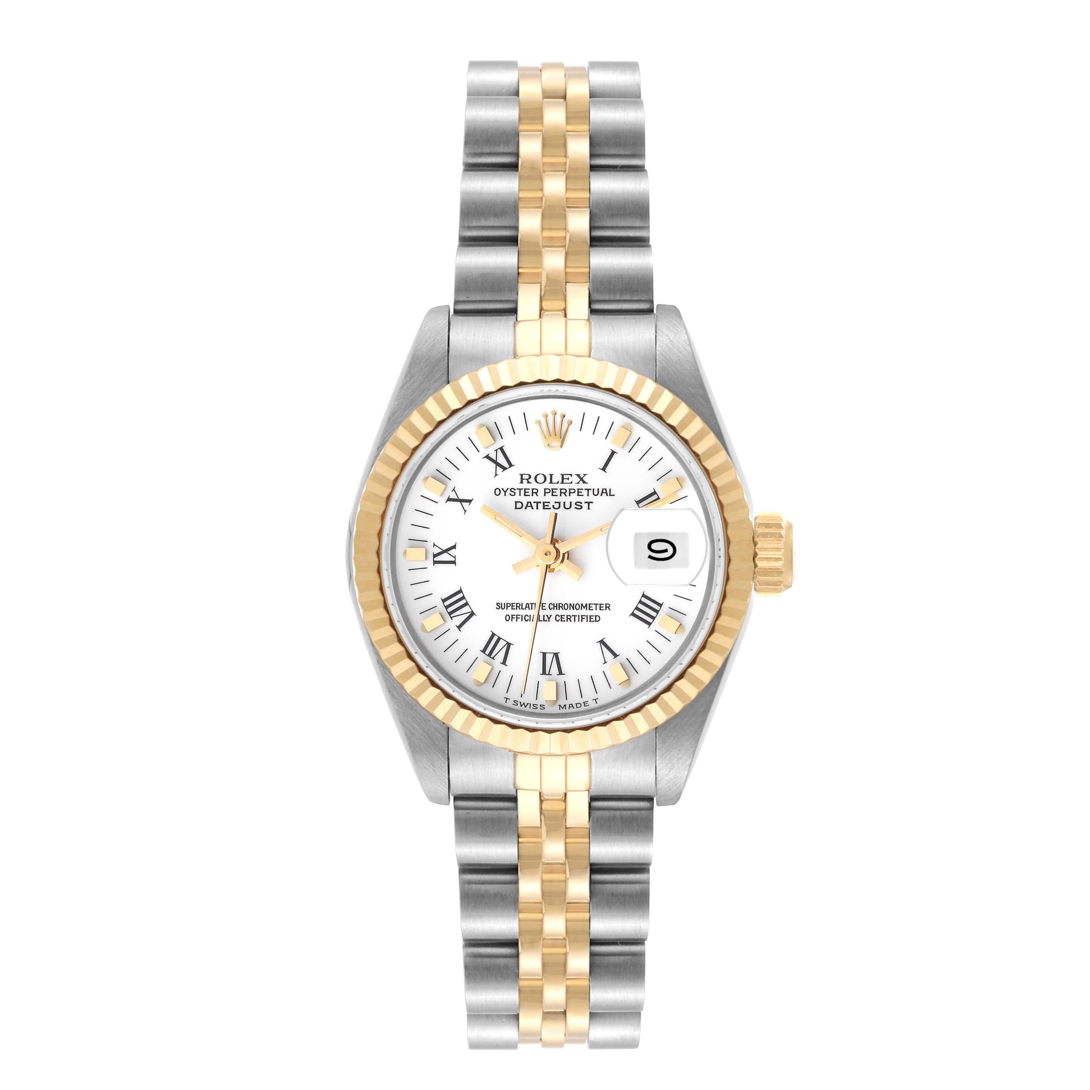Rolex Datejust Steel Yellow Gold White Dial Ladies Watch 69173 Box Papers. Officially certified chronometer automatic self-winding movement. Stainless steel oyster case 26.0 mm in diameter. Rolex logo on the crown. 18k yellow gold fluted bezel.