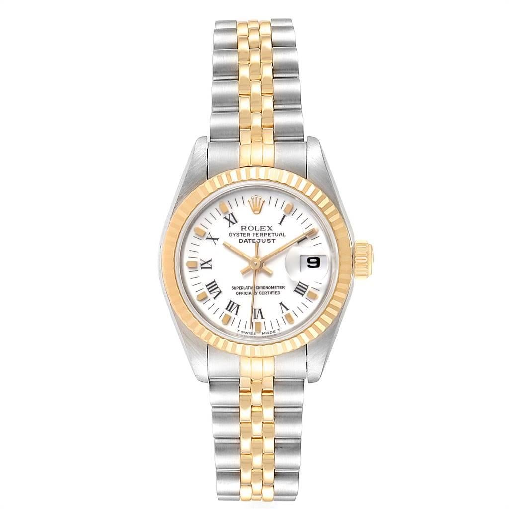 Rolex Datejust Steel Yellow Gold White Dial Ladies Watch 69173. Officially certified chronometer self-winding movement. Stainless steel oyster case 26 mm in diameter. Rolex logo on a crown. 18k yellow gold fluted bezel. Scratch resistant sapphire