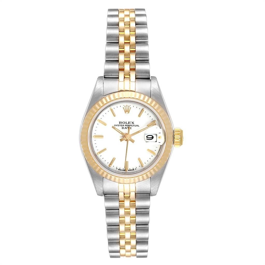 Rolex Datejust Steel Yellow Gold White Dial Ladies Watch 69173. Officially certified chronometer self-winding movement. Stainless steel oyster case 26 mm in diameter. Rolex logo on a crown. 18k yellow gold fluted bezel. Scratch resistant sapphire