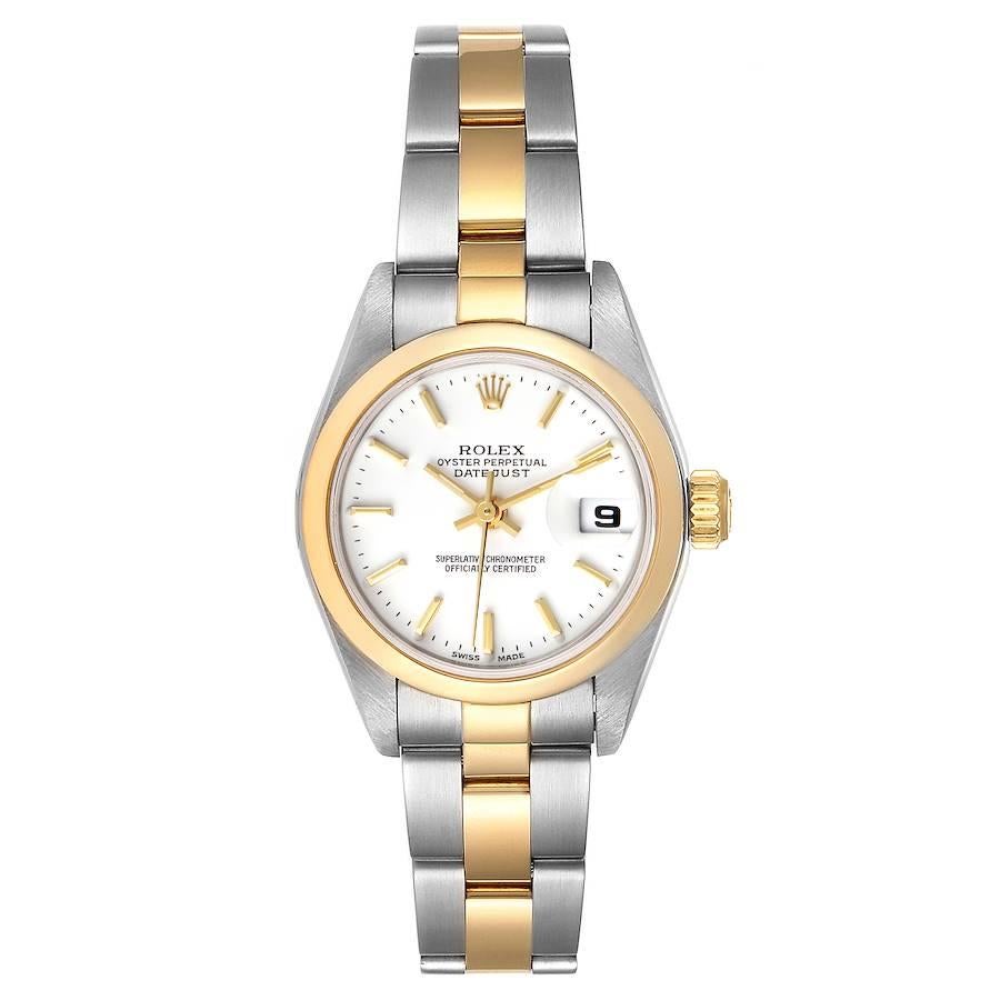 Rolex Datejust Steel Yellow Gold White Dial Ladies Watch 79163. Officially certified chronometer self-winding movement. Stainless steel oyster case 26 mm in diameter. Rolex logo on a 18k yellow gold crown. 18k yellow gold smooth domed bezel. Scratch