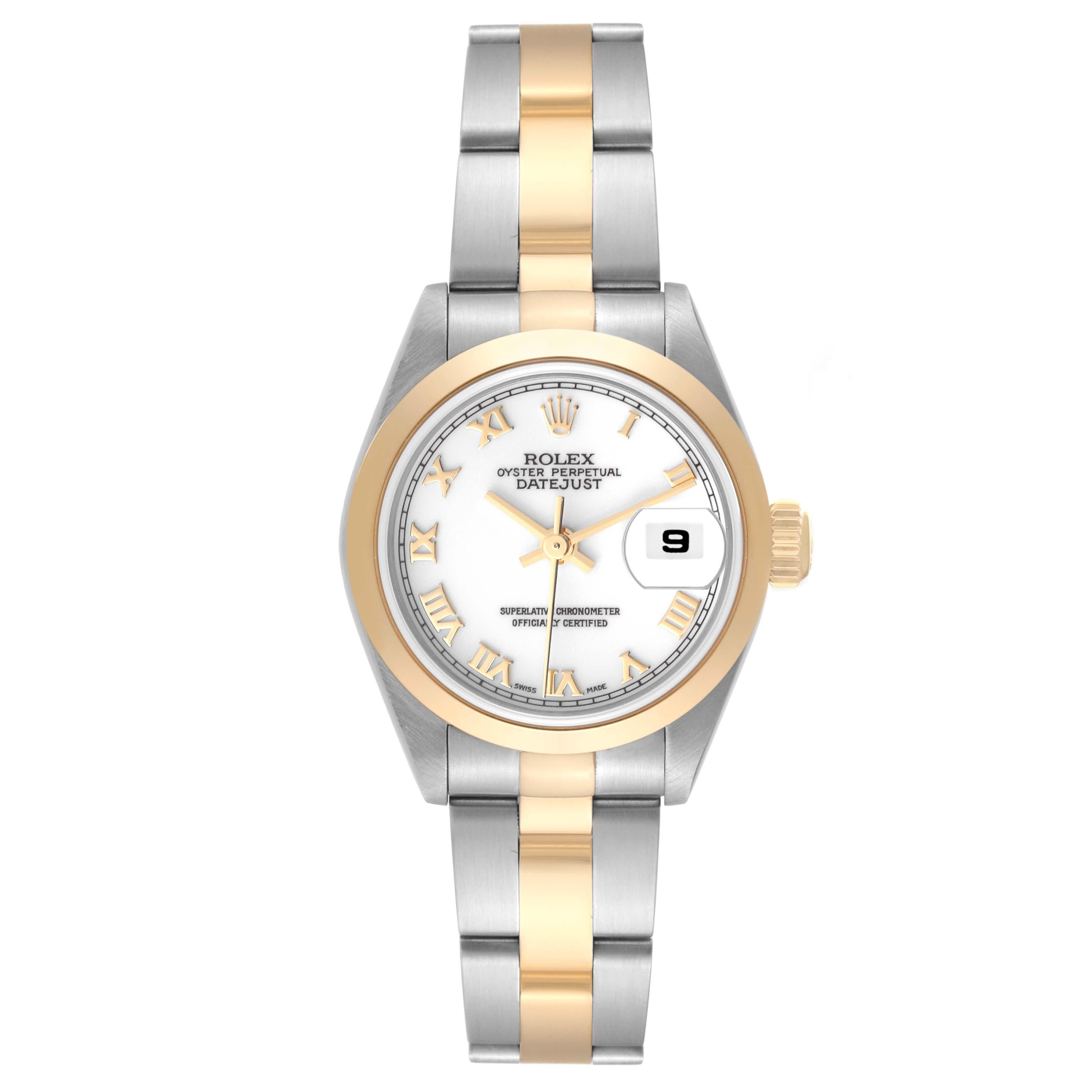 Rolex Datejust Steel Yellow Gold White Dial Ladies Watch 79163 Papers. Officially certified chronometer automatic self-winding movement. Stainless steel oyster case 26 mm in diameter. Rolex logo on an 18k yellow gold crown. 18k yellow gold smooth
