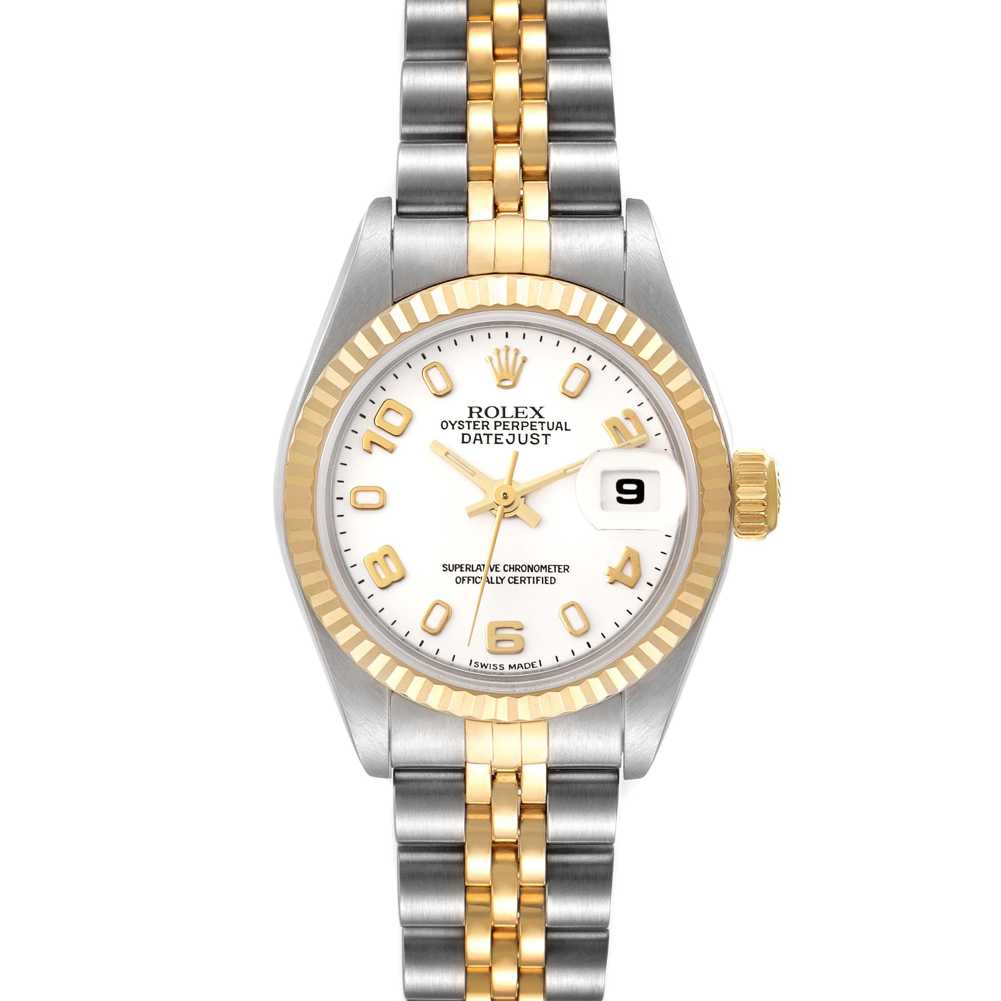 Rolex Datejust Steel Yellow Gold White Dial Ladies Watch 79173. Officially certified chronometer self-winding movement. Stainless steel oyster case 26 mm in diameter. Rolex logo on an 18K yellow gold crown. 18k yellow gold fluted bezel. Scratch