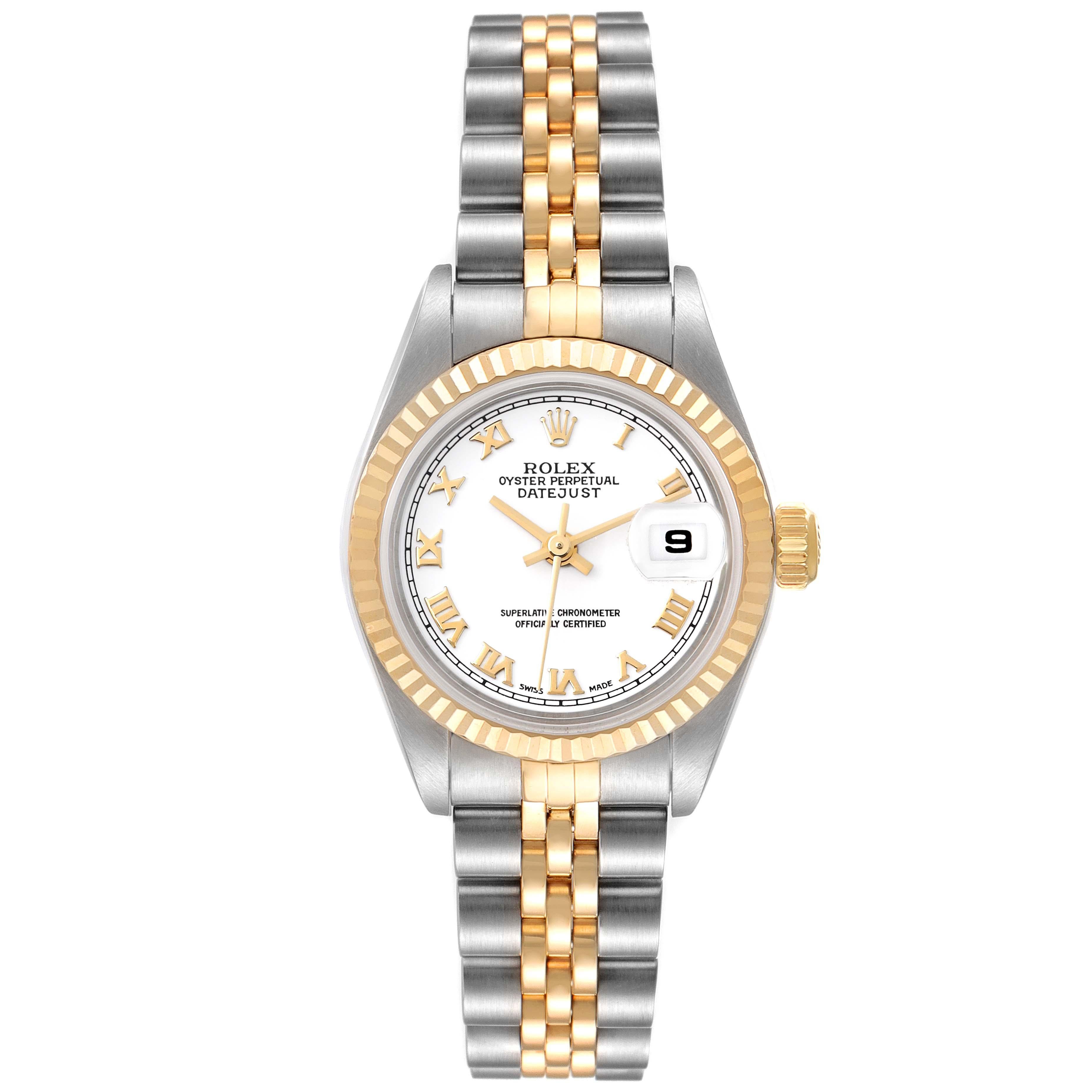 Rolex Datejust Steel Yellow Gold White Dial Ladies Watch 79173. Officially certified chronometer automatic self-winding movement with quickset date function. Stainless steel oyster case 26.0 mm in diameter. Rolex logo on an 18K yellow gold crown.