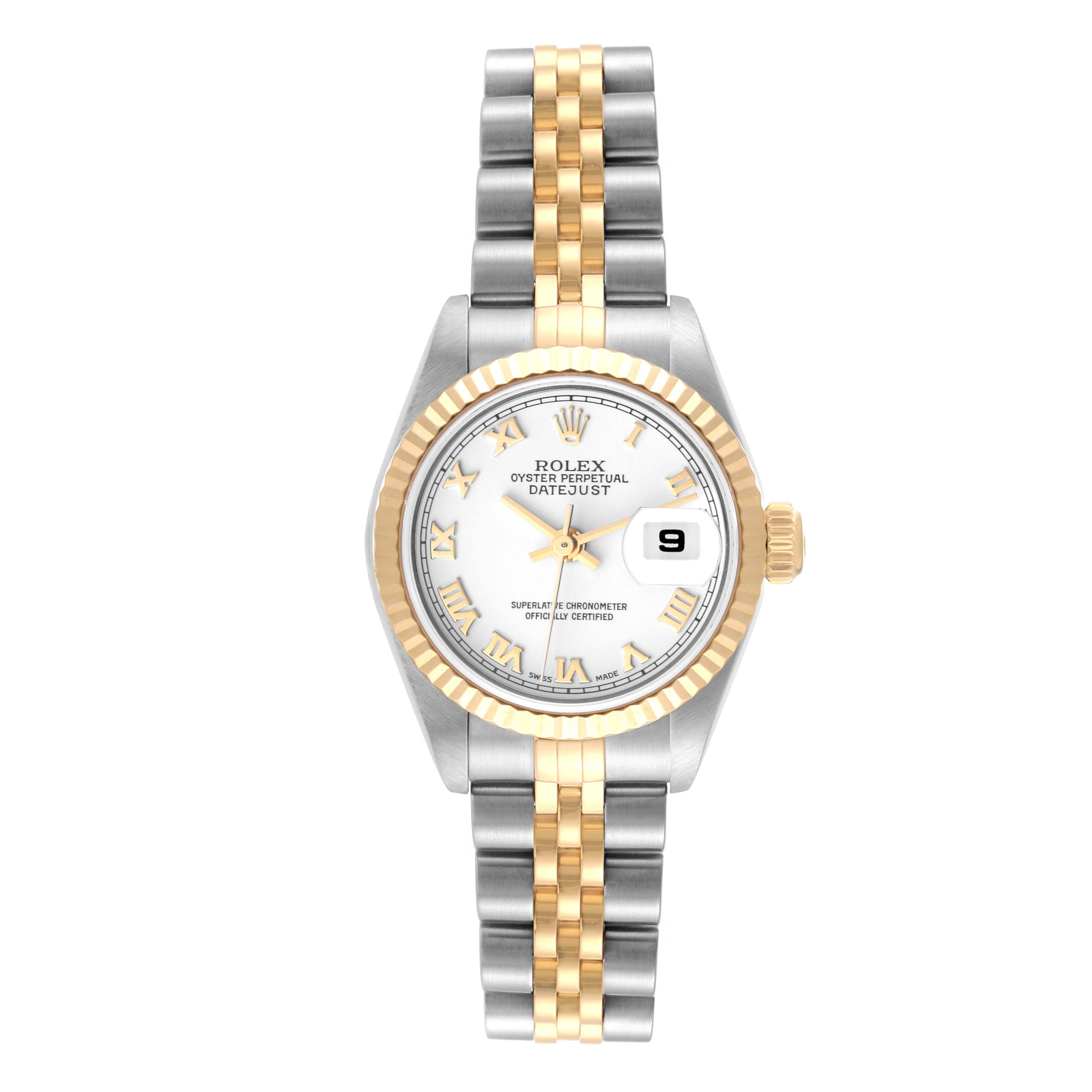 Rolex Datejust Steel Yellow Gold White Dial Ladies Watch 79173. Officially certified chronometer automatic self-winding movement. Stainless steel oyster case 26 mm in diameter. Rolex logo on an 18K yellow gold crown. 18k yellow gold fluted bezel.