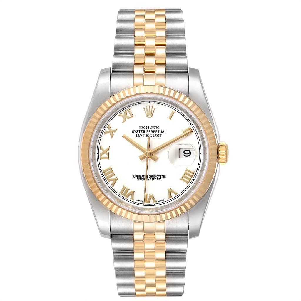Rolex Datejust Steel Yellow Gold White Dial Mens Watch 116233 Box Card. Officially certified chronometer automatic self-winding movement. Stainless steel case 36.0 mm in diameter. Rolex logo on a crown. 18k yellow gold fluted bezel. Scratch