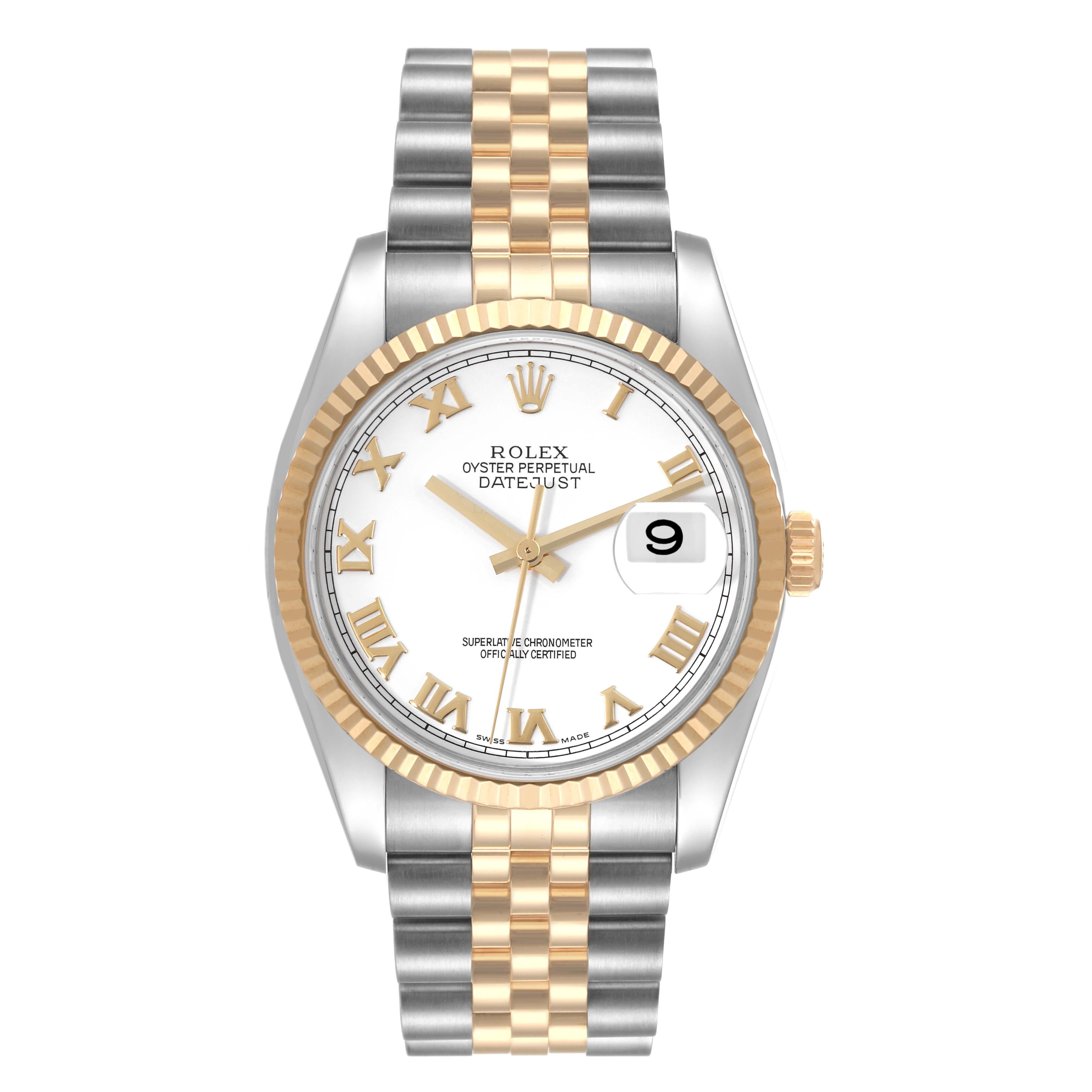 Rolex Datejust Steel Yellow Gold White Dial Mens Watch 116233 Box Card. Officially certified chronometer automatic self-winding movement. Stainless steel case 36.0 mm in diameter. Rolex logo on the crown. 18k yellow gold fluted bezel. Scratch