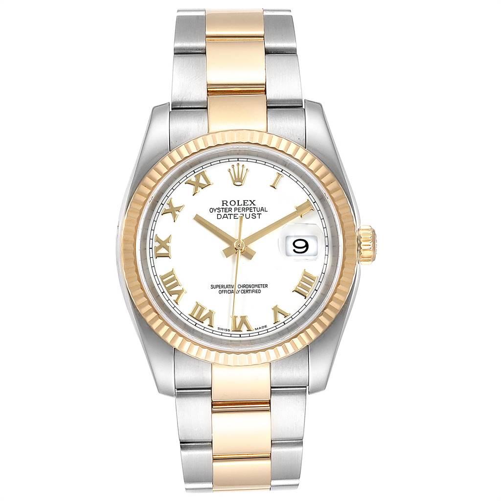 Rolex Datejust Steel Yellow Gold White Dial Mens Watch 116233 Box Papers. Officially certified chronometer automatic self-winding movement. Stainless steel case 36.0 mm in diameter. High polished lugs. Rolex logo on a crown. 18k yellow gold fluted