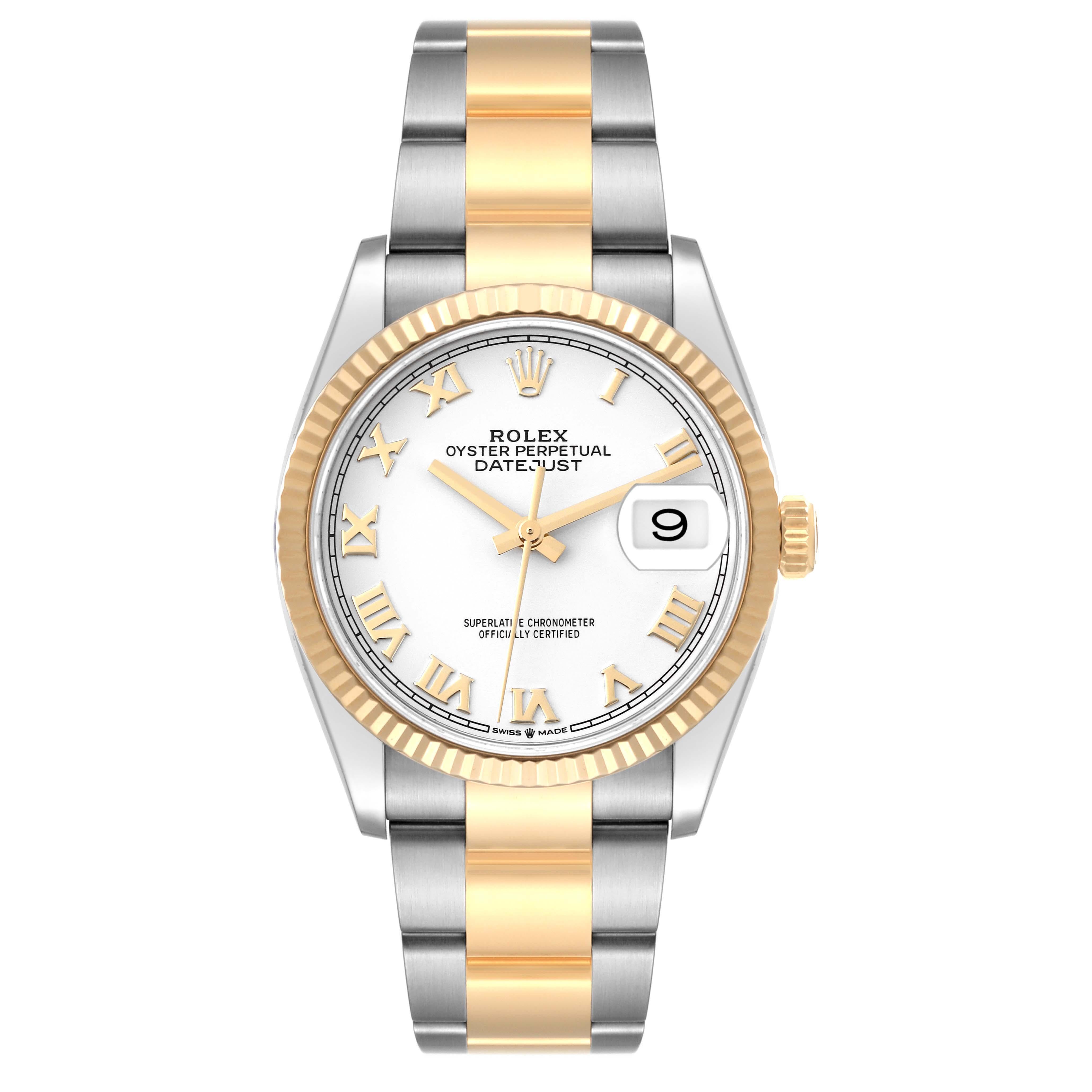 Rolex Datejust Steel Yellow Gold White Dial Mens Watch 126233 Box Card. Officially certified chronometer self-winding movement. Stainless steel and 18K yellow gold case 36.0 mm in diameter.  Rolex logo on crown. 18K yellow gold fluted bezel. Scratch
