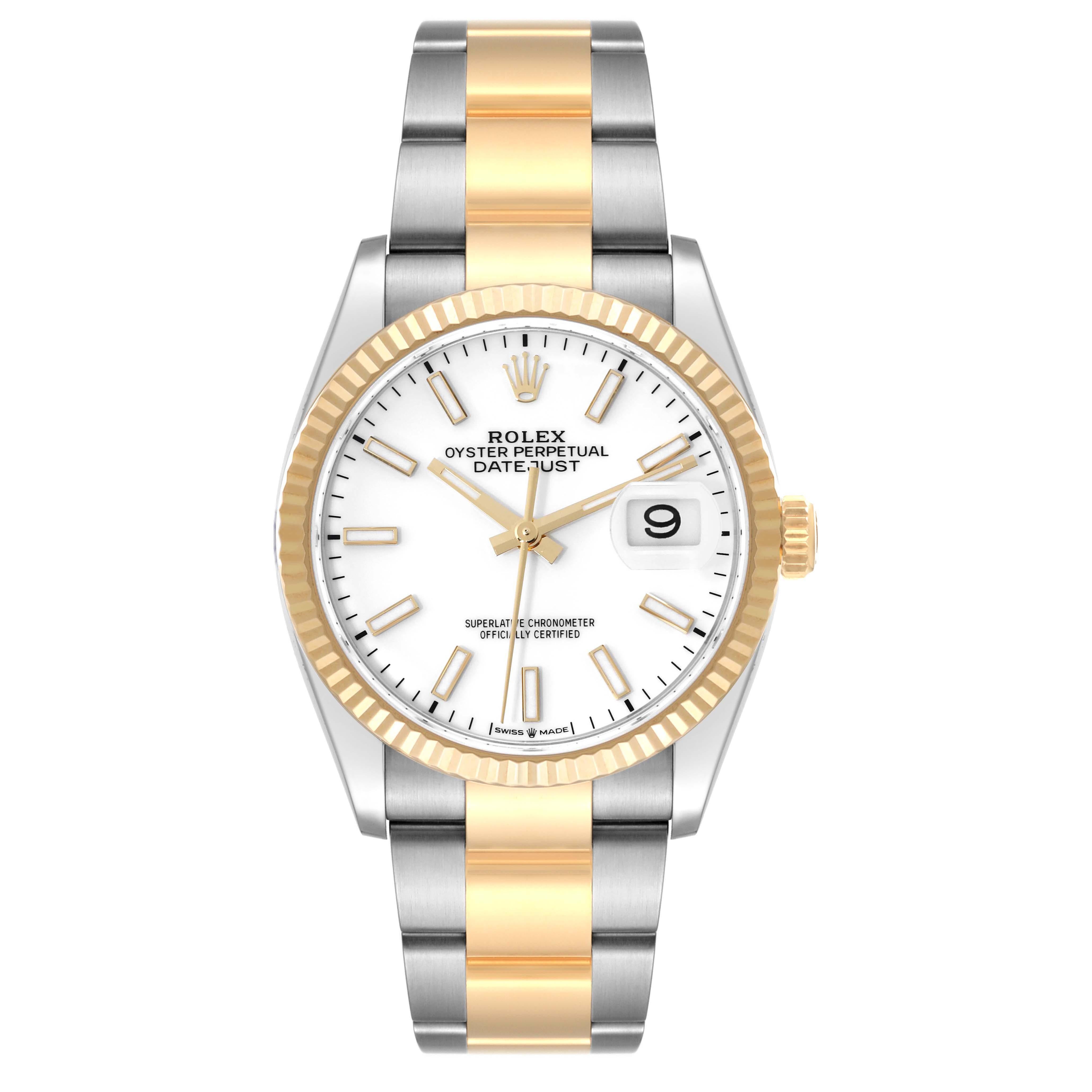Rolex Datejust Steel Yellow Gold White Dial Mens Watch 126233 Box Card. Officially certified chronometer self-winding movement. Stainless steel and 18K yellow gold case 36.0 mm in diameter.  Rolex logo on a crown. 18K yellow gold fluted bezel.