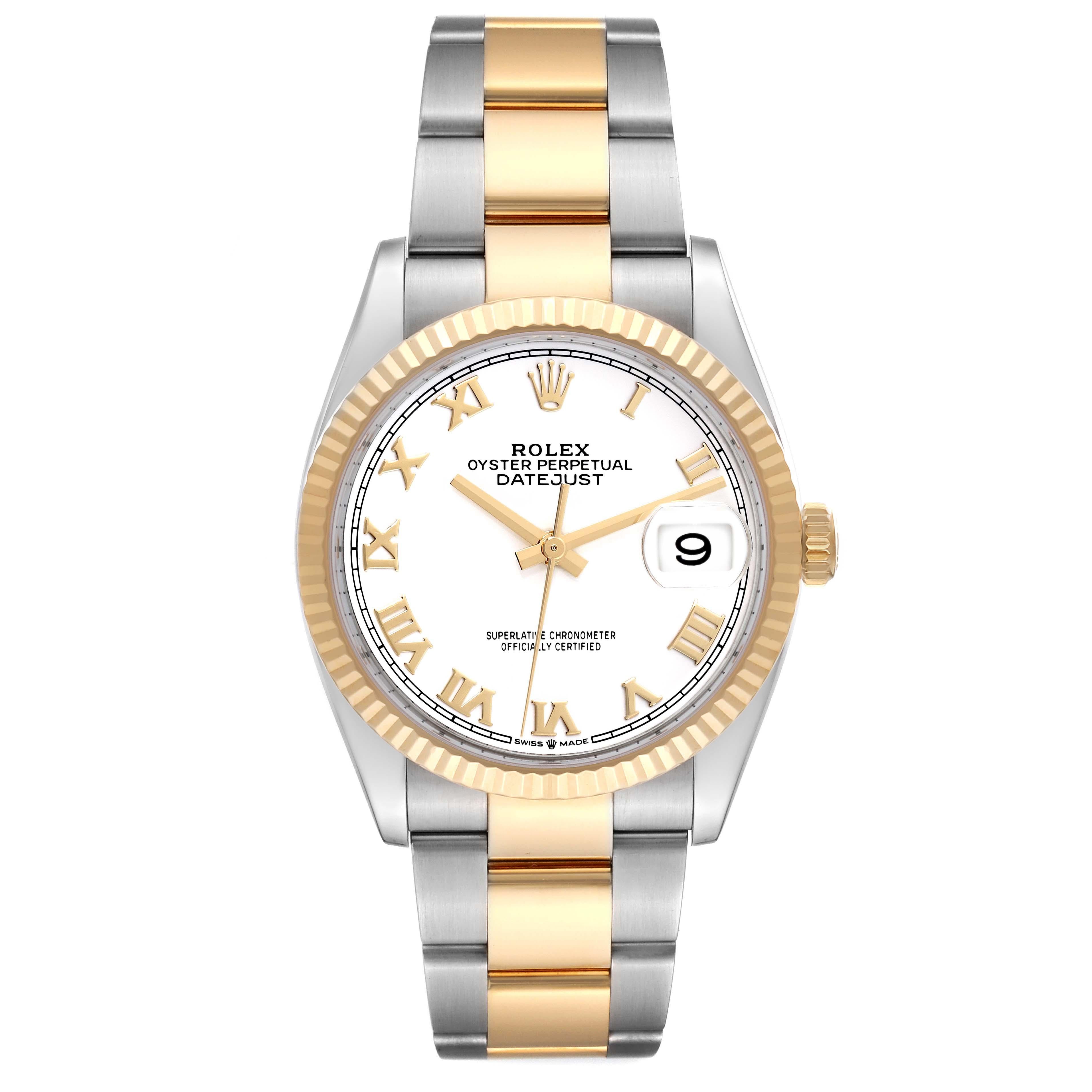 Rolex Datejust Steel Yellow Gold White Dial Mens Watch 126233 Box Card. Officially certified chronometer automatic self-winding movement. Stainless steel and 18K yellow gold case 36.0 mm in diameter. Rolex logo on a crown. 18K yellow gold fluted