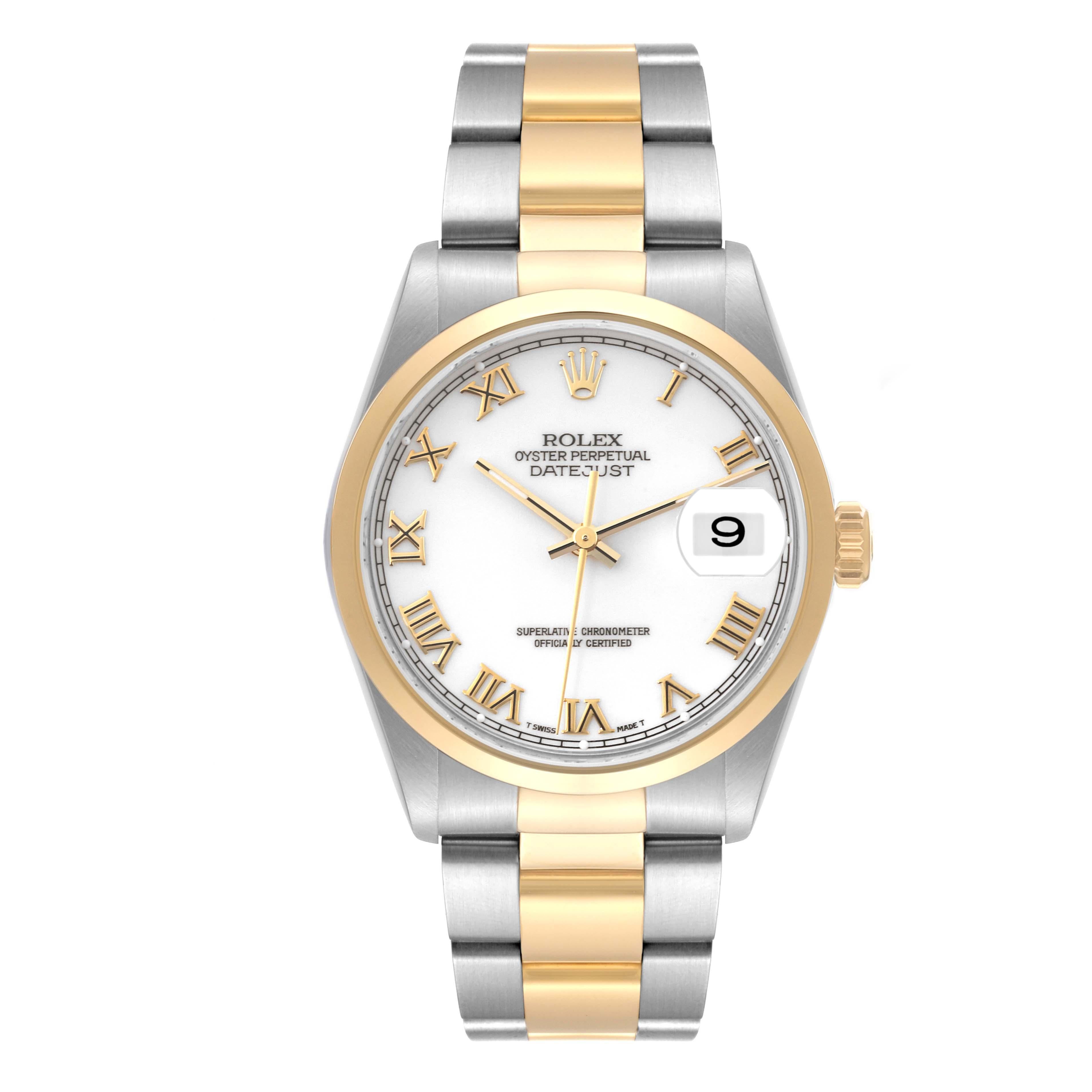 Rolex Datejust Steel Yellow Gold White Dial Mens Watch 16203 Box Papers. Officially certified chronometer automatic self-winding movement. Stainless steel case 36 mm in diameter. Rolex logo on an 18K yellow gold crown. 18k yellow gold smooth bezel.