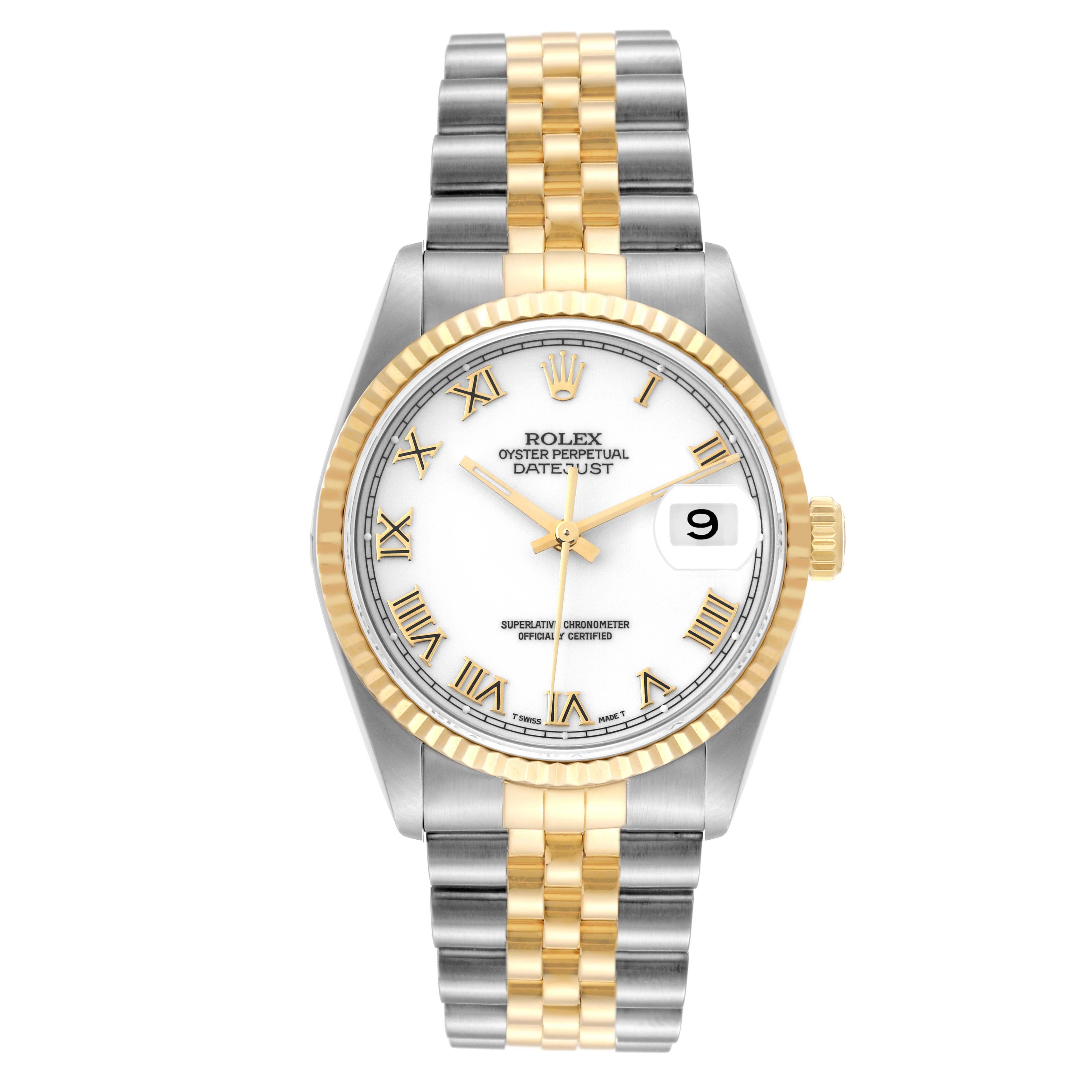 Rolex Datejust Steel Yellow Gold White Dial Mens Watch 16233 Box Papers. Officially certified chronometer automatic self-winding movement. Stainless steel case 36 mm in diameter.  Rolex logo on an 18K yellow gold crown. 18k yellow gold fluted bezel.