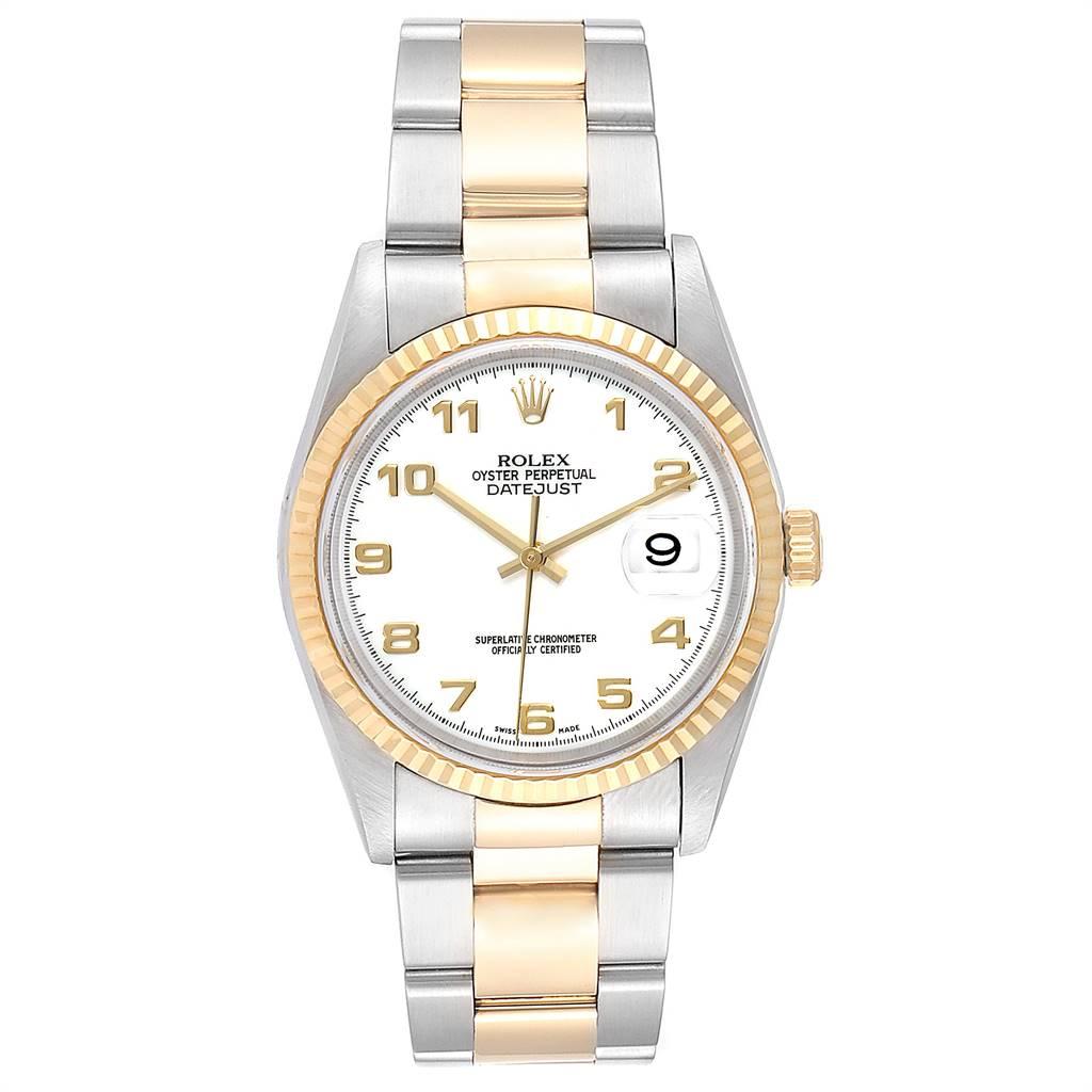 Rolex Datejust Steel Yellow Gold White Dial Mens Watch 16233. Officially certified chronometer automatic self-winding movement. Stainless steel case 36 mm in diameter. Rolex logo on a 18K yellow gold crown. 18k yellow gold fluted bezel. Scratch