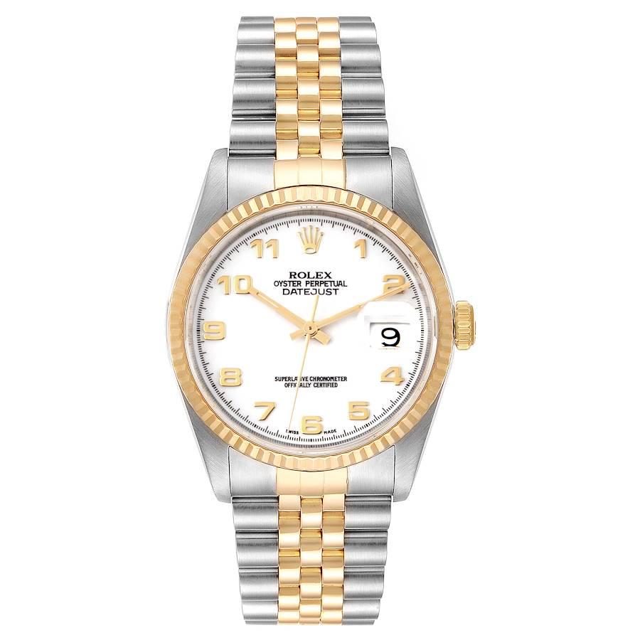 Rolex Datejust Steel Yellow Gold White Dial Mens Watch 16233. Officially certified chronometer self-winding movement. Stainless steel case 36 mm in diameter. Rolex logo on a 18K yellow gold crown. 18k yellow gold fluted bezel. Scratch resistant