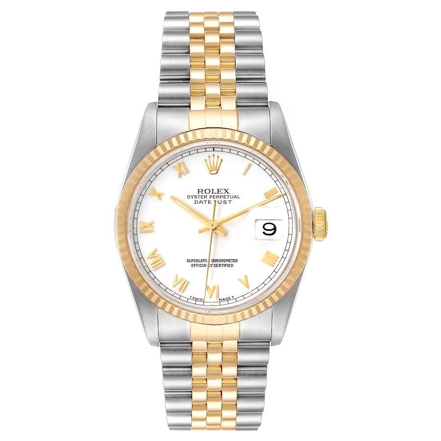 Rolex Datejust Steel Yellow Gold White Dial Mens Watch 16233. Officially certified chronometer self-winding movement. Stainless steel case 36 mm in diameter. Rolex logo on a 18K yellow gold crown. 18k yellow gold fluted bezel. Scratch resistant