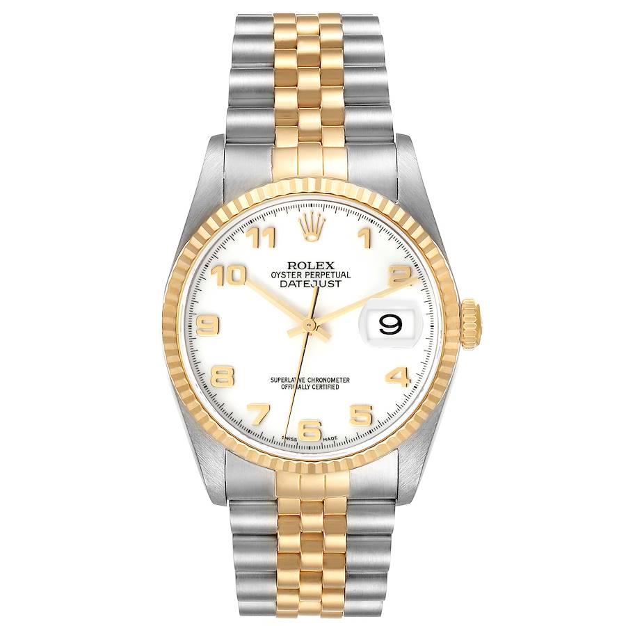 Rolex Datejust Steel Yellow Gold White Dial Mens Watch 16233. Officially certified chronometer automatic self-winding movement. Stainless steel case 36 mm in diameter.  Rolex logo on an 18K yellow gold crown. 18k yellow gold fluted bezel. Scratch