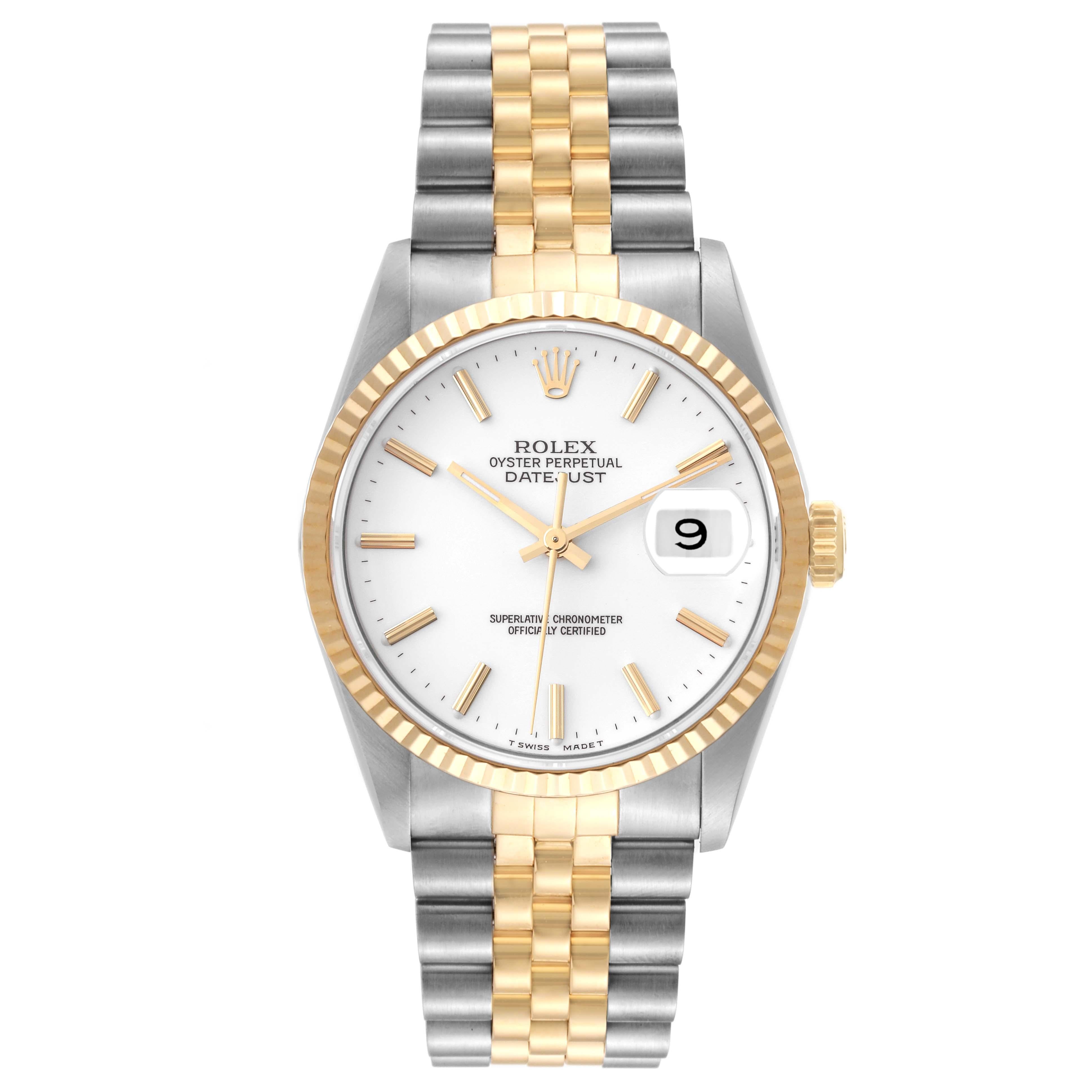 Rolex Datejust Steel Yellow Gold White Dial Mens Watch 16233. Officially certified chronometer automatic self-winding movement. Stainless steel case 36 mm in diameter.  Rolex logo on an 18K yellow gold crown. 18k yellow gold fluted bezel. Scratch