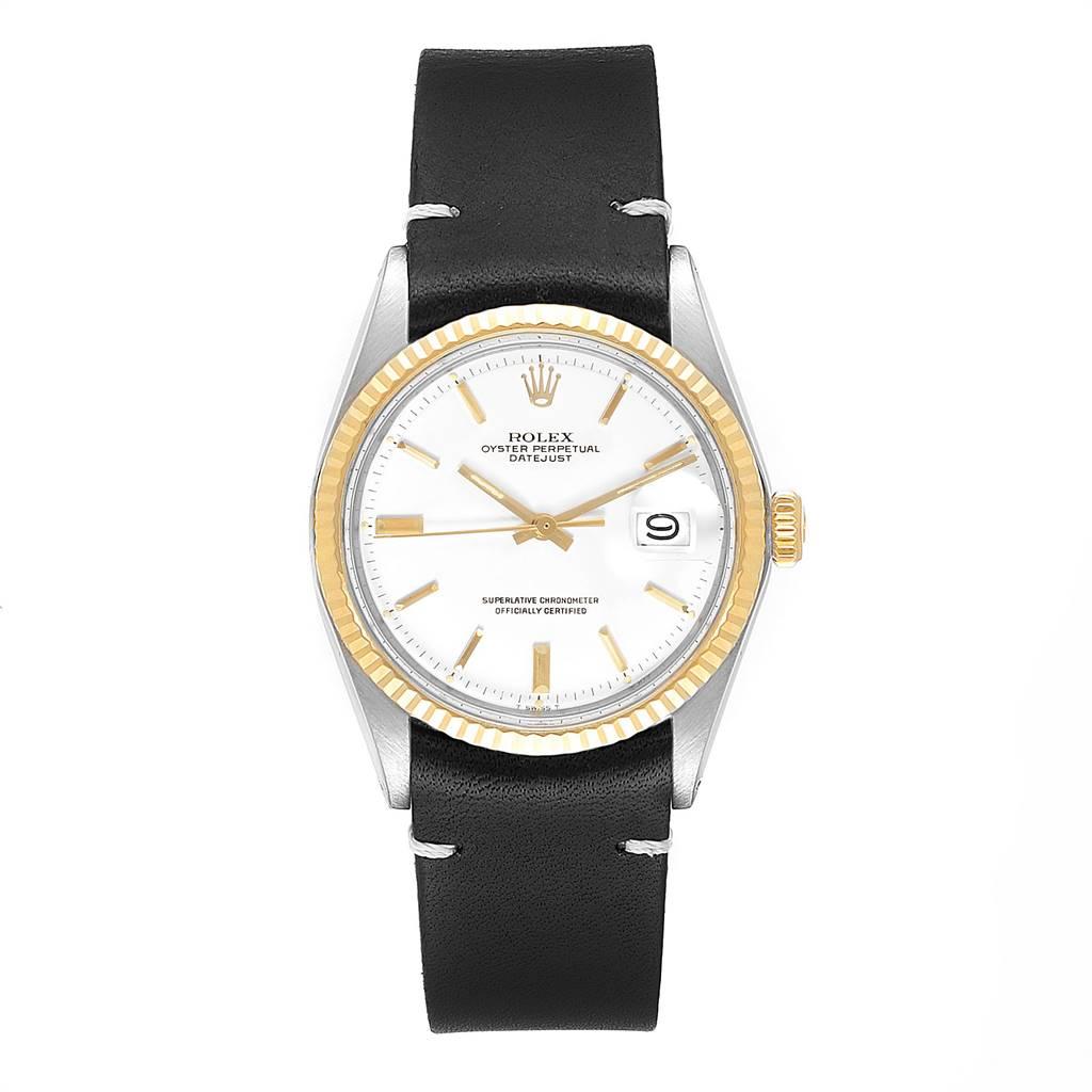 Rolex Datejust Steel Yellow Gold White Dial Vintage Mens Watch 1601. Officially certified chronometer automatic self-winding movement. Stainless steel and 14k yellow gold case 36 mm in diameter. Rolex logo on a crown. 14k yellow gold fluted bezel.
