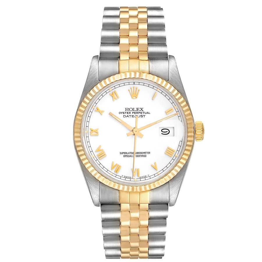 Rolex Datejust Steel Yellow Gold White Dial Vintage Mens Watch 16013. Officially certified chronometer self-winding movement. Stainless steel oyster case 36.0 mm in diameter. Rolex logo on a crown. 18k yellow gold fluted bezel. Acrylic crystal with