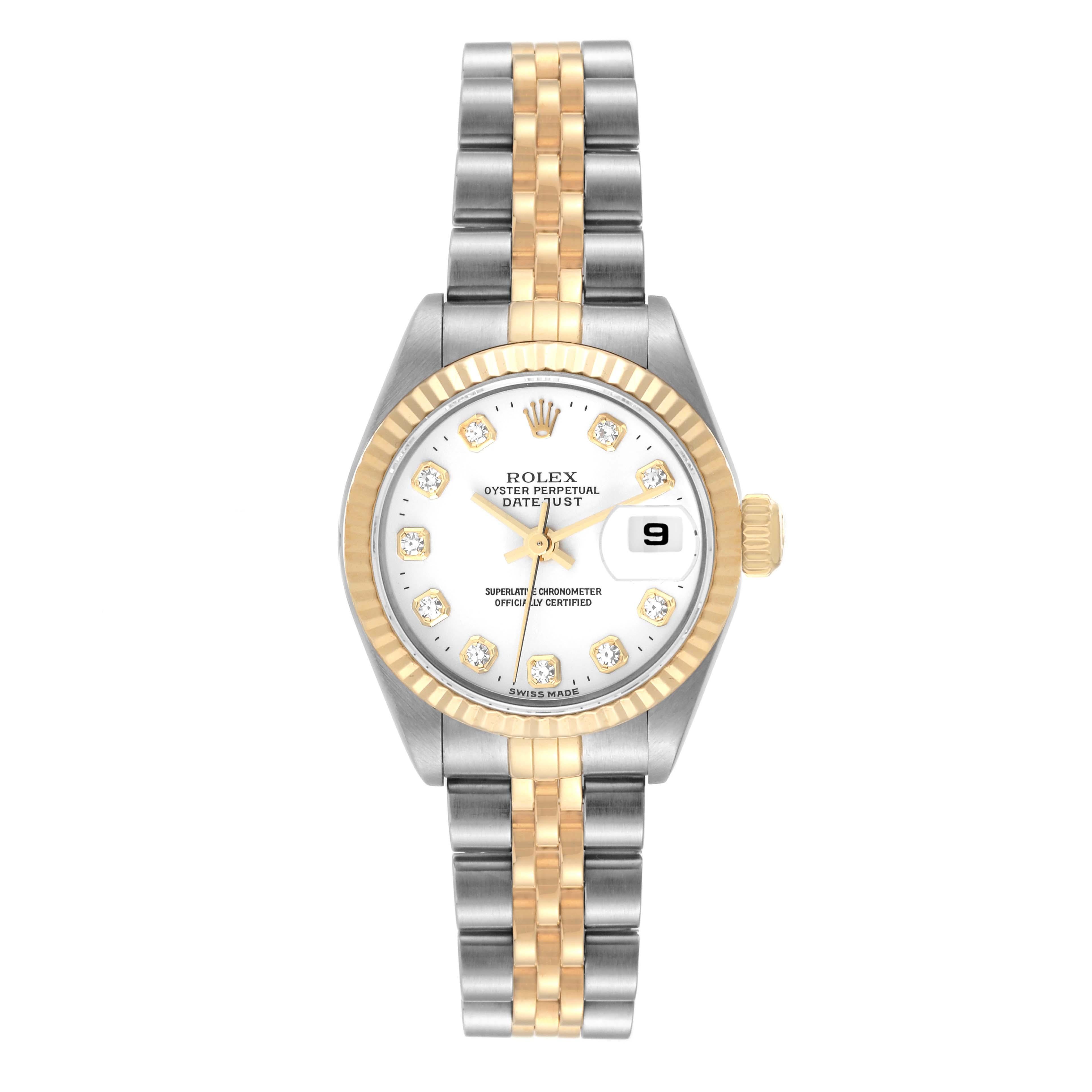 Rolex Datejust Steel Yellow Gold White Diamond Dial Ladies Watch 79173 Box Paper. Officially certified chronometer automatic self-winding movement. Stainless steel oyster case 26.0 mm in diameter. Rolex logo on an 18K yellow gold crown. 18k yellow