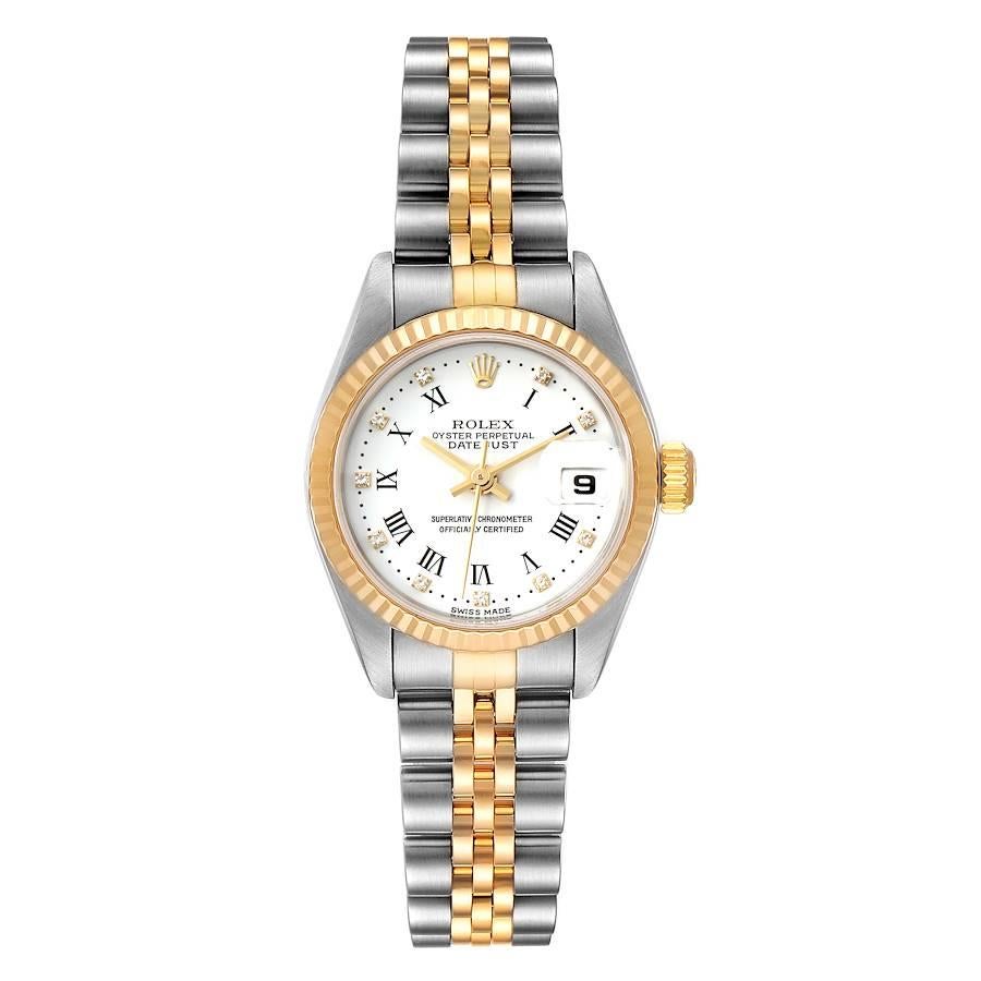 Rolex Datejust Steel Yellow Gold White Diamond Dial Ladies Watch 79173. Officially certified chronometer self-winding movement. Stainless steel oyster case 26 mm in diameter. Rolex logo on a 18K yellow gold crown. 18k yellow gold fluted bezel.