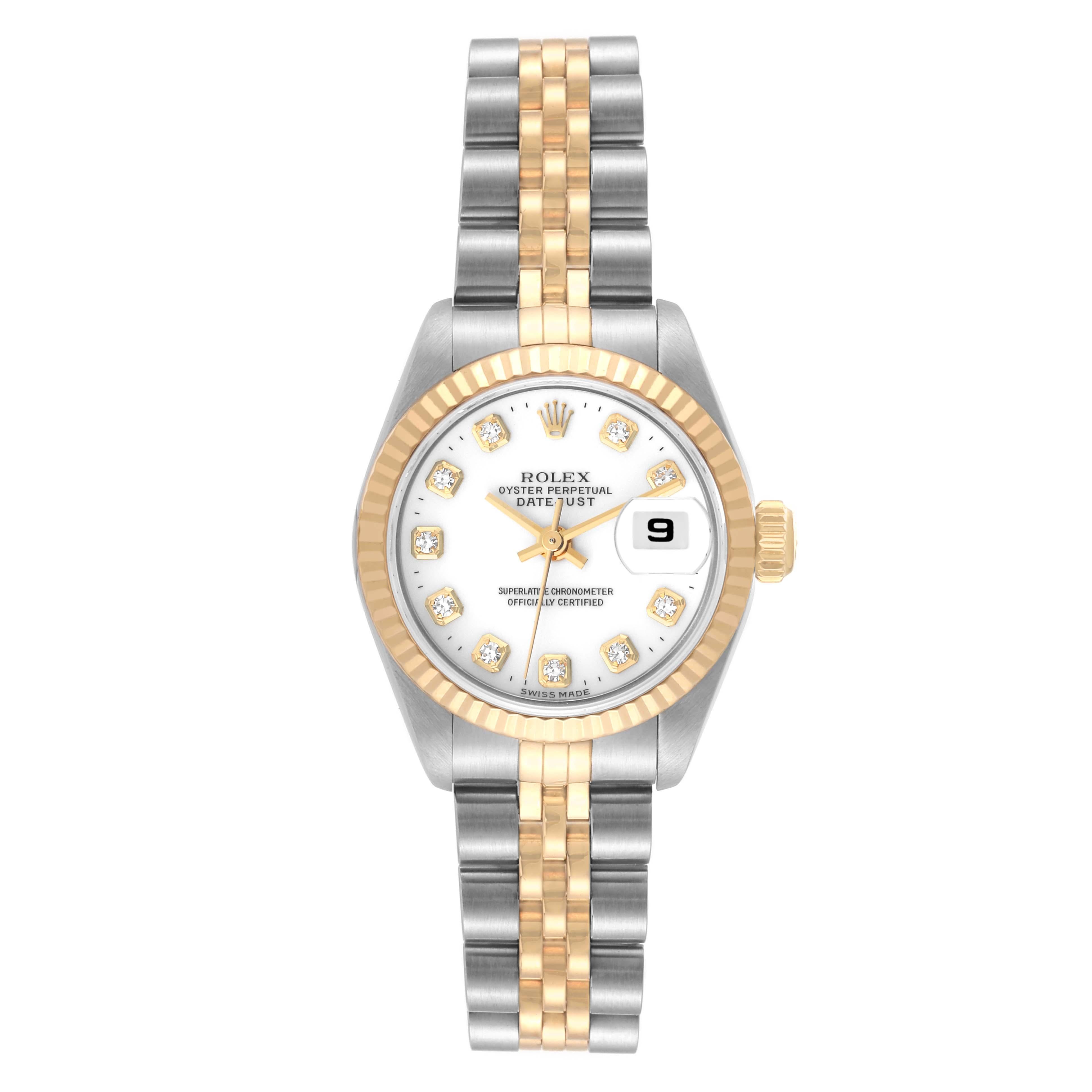 Rolex Datejust Steel Yellow Gold White Diamond Dial Ladies Watch 79173. Officially certified chronometer automatic self-winding movement. Stainless steel oyster case 26.0 mm in diameter. Rolex logo on an 18K yellow gold crown. 18k yellow gold fluted