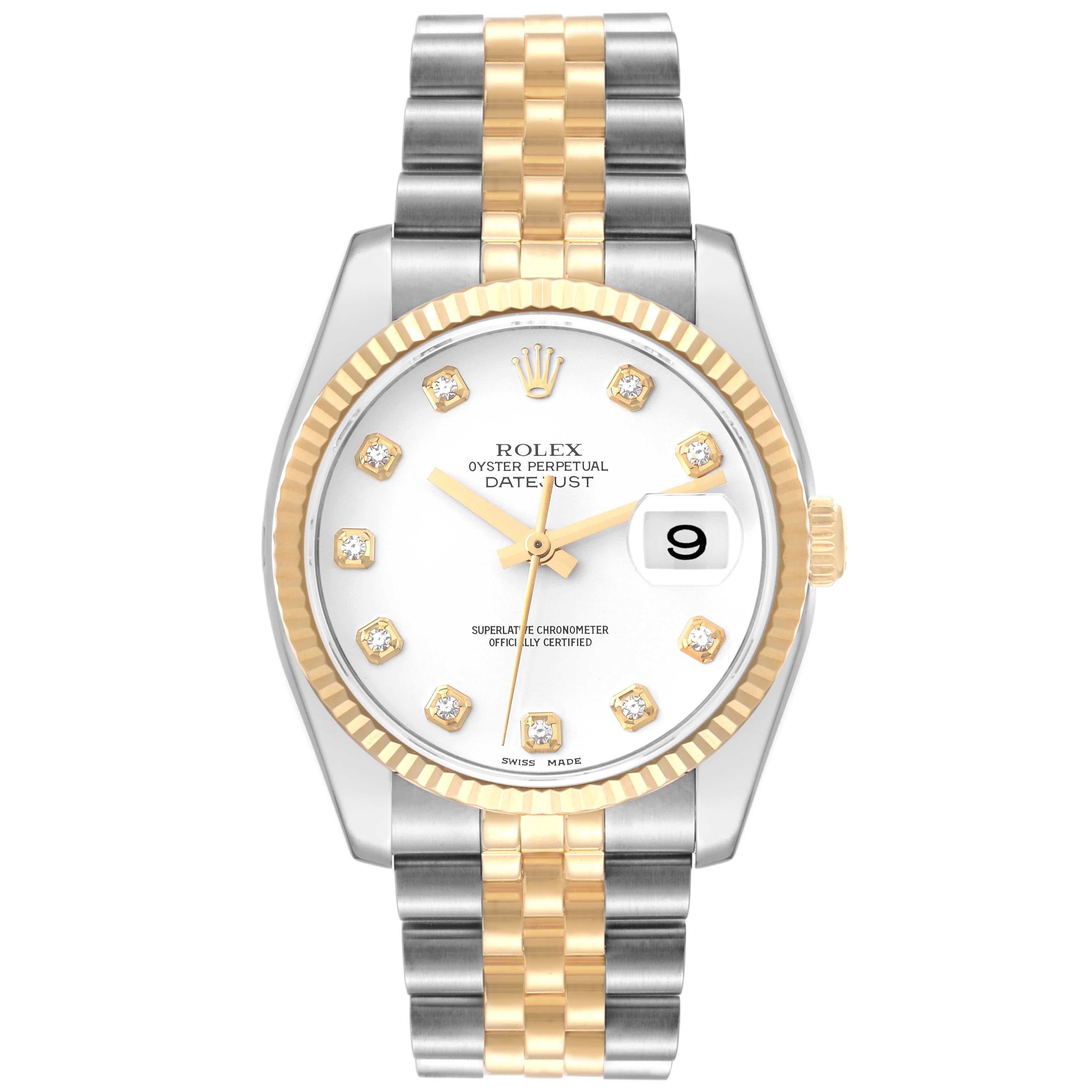 Rolex Datejust Steel Yellow Gold White Diamond Dial Mens Watch 116233. Officially certified chronometer self-winding movement. Stainless steel case 36 mm in diameter.  Rolex logo on a crown. 18k yellow gold fluted bezel. Scratch resistant sapphire
