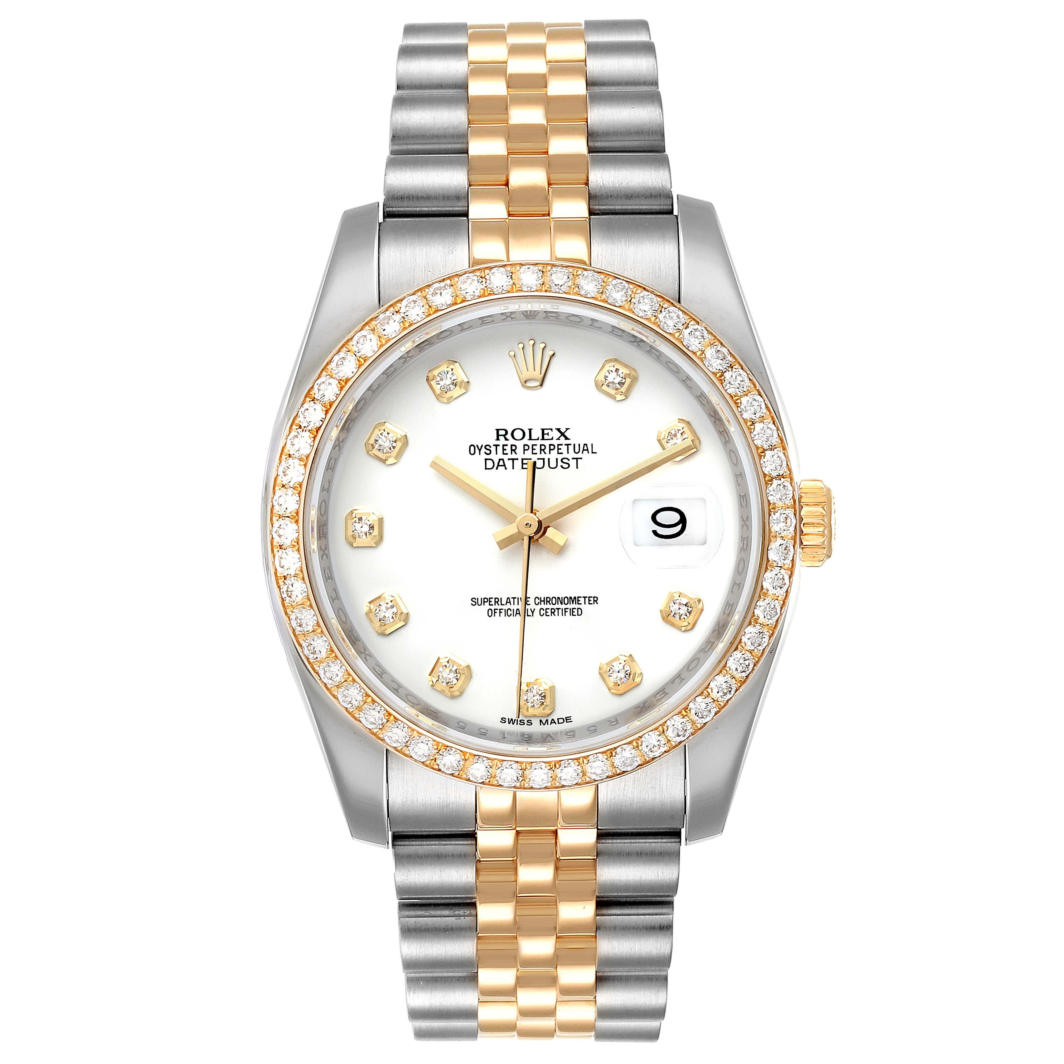 Rolex Datejust Steel Yellow Gold White Diamond Dial Mens Watch 116243. Officially certified chronometer self-winding movement. Stainless steel case 36.0 mm in diameter.  Rolex logo on a crown. Original Rolex factory 18k yellow gold diamond bezel.