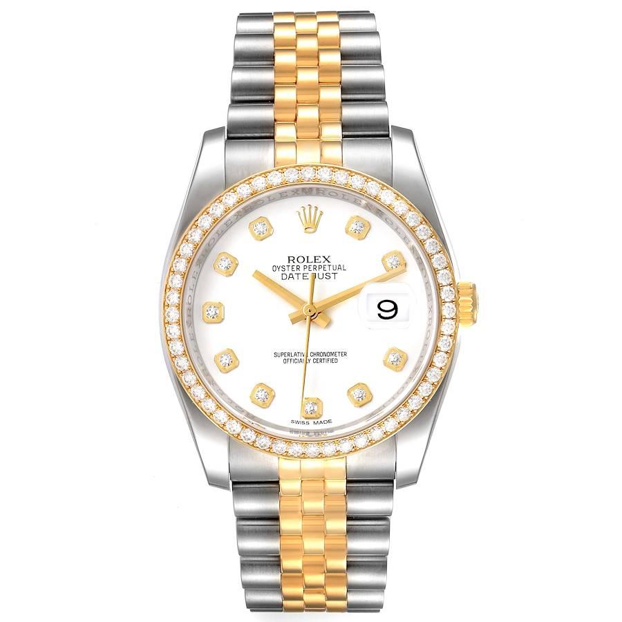 Rolex Datejust Steel Yellow Gold White Diamond Dial Mens Watch 116243. Officially certified chronometer self-winding movement. Stainless steel case 36.0 mm in diameter.  Rolex logo on a crown. Original Rolex factory 18k yellow gold diamond bezel.