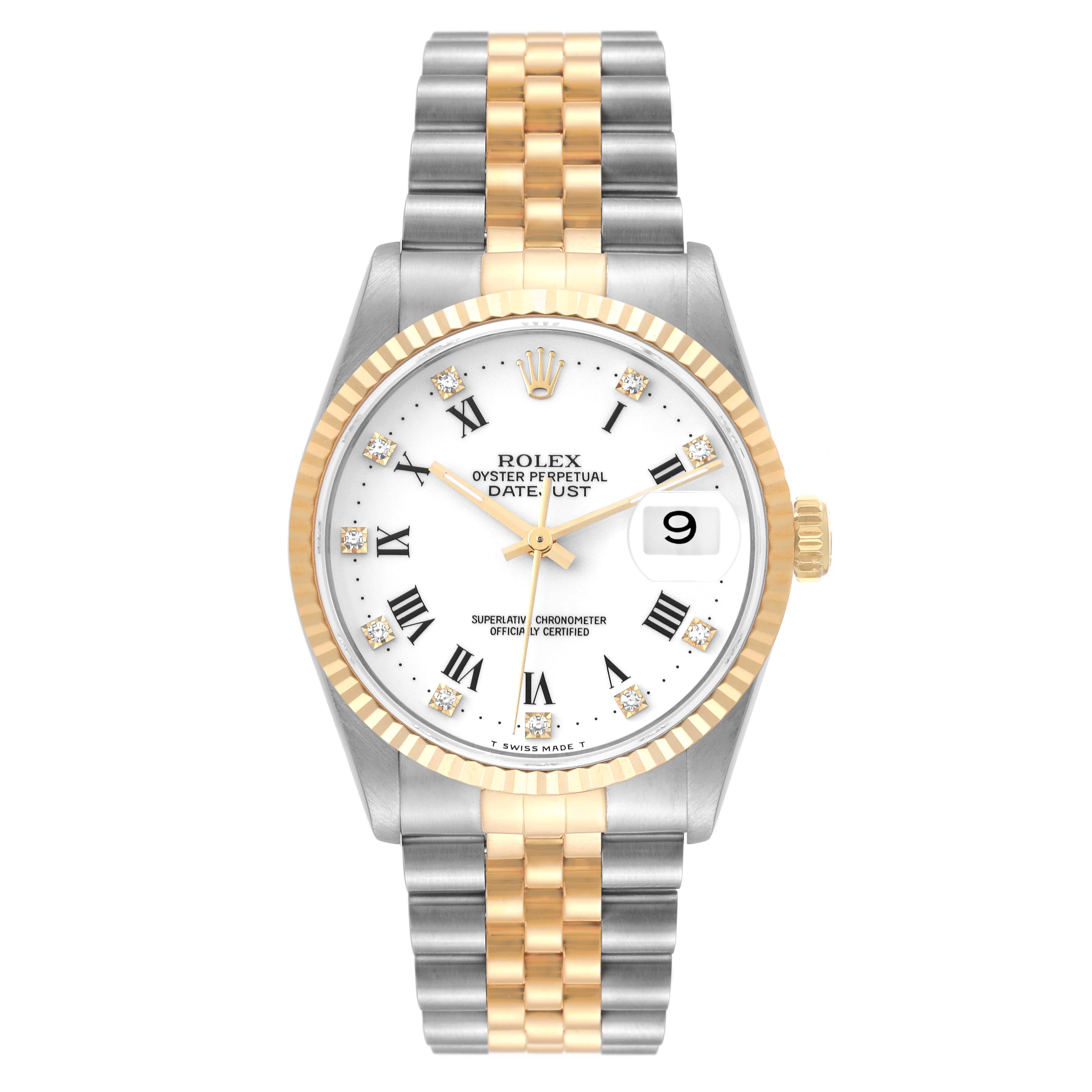 Rolex Datejust Steel Yellow Gold White Diamond Dial Mens Watch 16233 Box Papers. Officially certified chronometer automatic self-winding movement. Stainless steel case 36 mm in diameter.  Rolex logo on an 18K yellow gold crown. 18k yellow gold