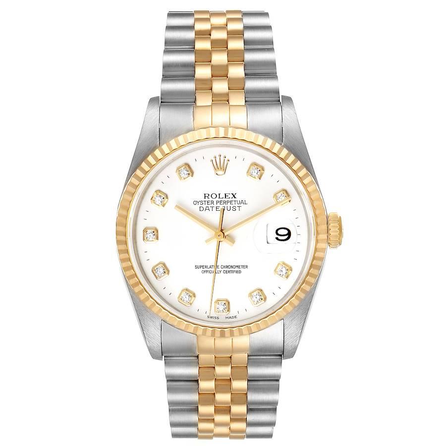 Rolex Datejust Stahl Gelbgold Weißes Diamant-Zifferblatt Herrenuhr 16233. Offiziell zertifiziertes Chronometerwerk mit automatischem Aufzug. Gehäuse aus Edelstahl mit einem Durchmesser von 36,0 mm. Rolex-Logo auf einer Krone. geriffelte Lünette aus