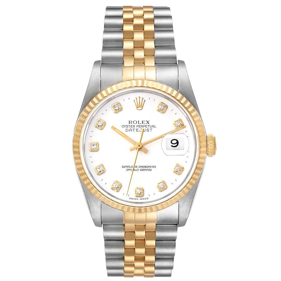 Rolex Datejust Stahl Gelbgold Weißes Diamant-Zifferblatt Herrenuhr 16233. Offiziell zertifiziertes Chronometerwerk mit automatischem Aufzug. Gehäuse aus Edelstahl mit einem Durchmesser von 36,0 mm. Rolex-Logo auf einer Krone aus 18 Karat Gelbgold.