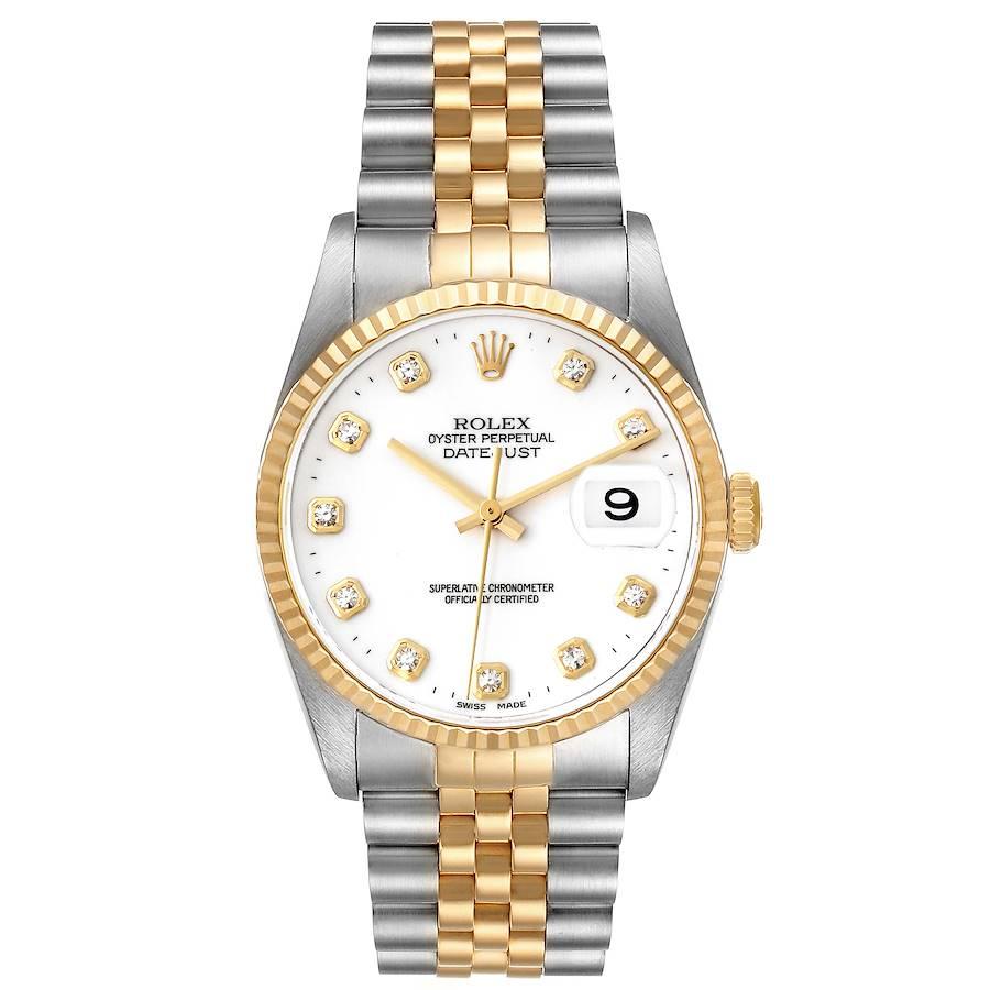 Rolex Datejust Stahl Gelbgold Weißes Diamant-Zifferblatt Herrenuhr 16233. Offiziell zertifiziertes Chronometerwerk mit automatischem Aufzug. Gehäuse aus Edelstahl mit einem Durchmesser von 36.0 mm.  Rolex-Logo auf einer Krone aus 18 Karat Gelbgold.