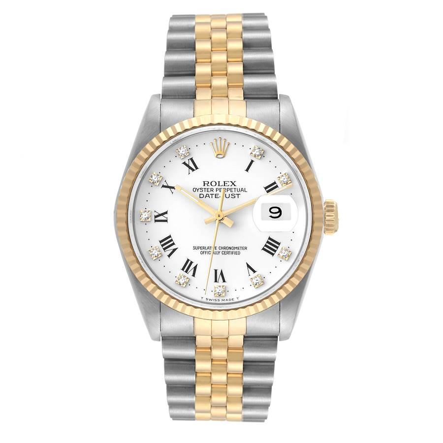 Rolex Datejust Steel Yellow Gold White Diamond Dial Mens Watch 16233. Officially certified chronometer automatic self-winding movement. Stainless steel case 36 mm in diameter.  Rolex logo on an 18K yellow gold crown. 18k yellow gold fluted bezel.
