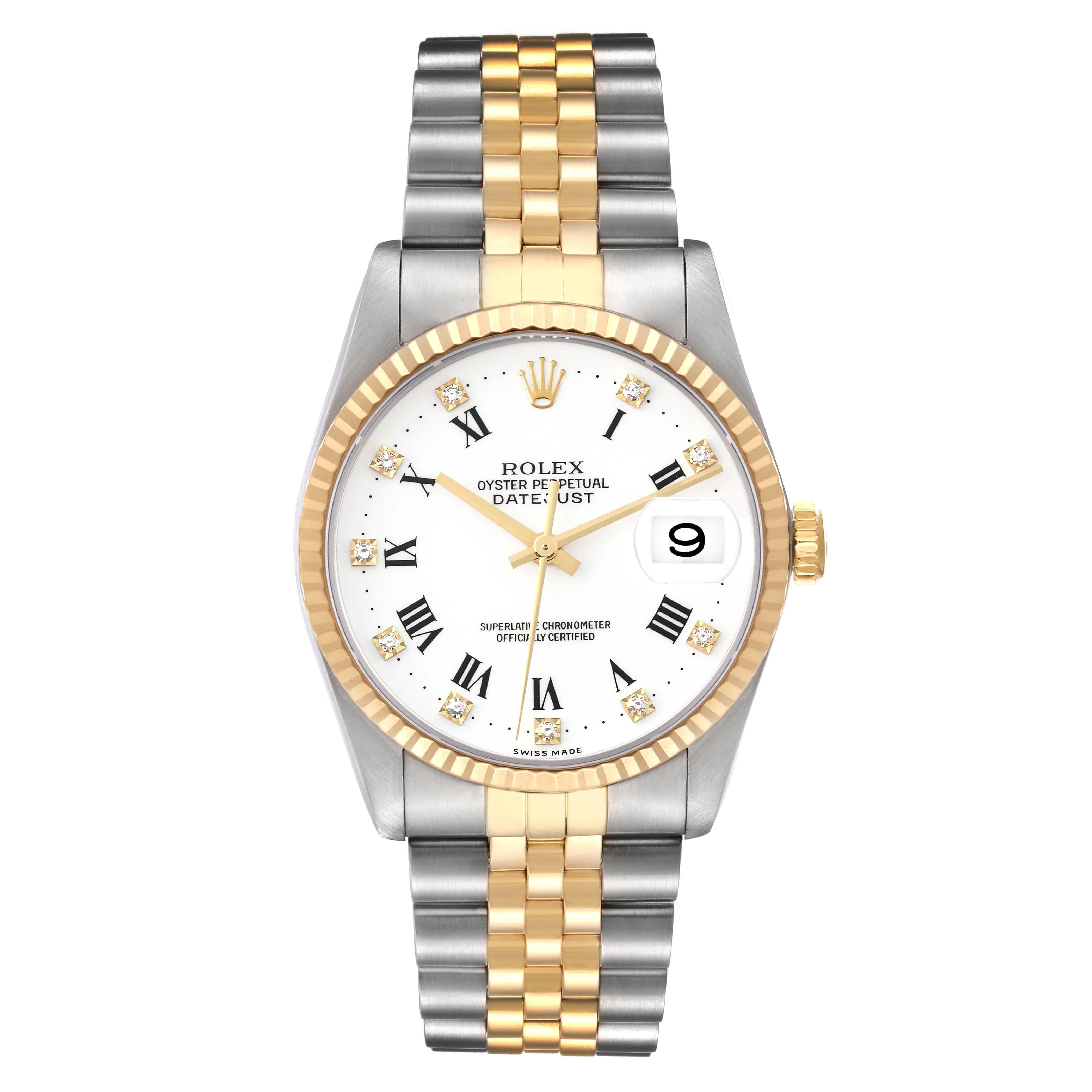 Rolex Datejust Steel Yellow Gold White Diamond Dial Mens Watch 16233. Officially certified chronometer automatic self-winding movement. Stainless steel case 36 mm in diameter.  Rolex logo on an 18K yellow gold crown. 18k yellow gold fluted bezel.