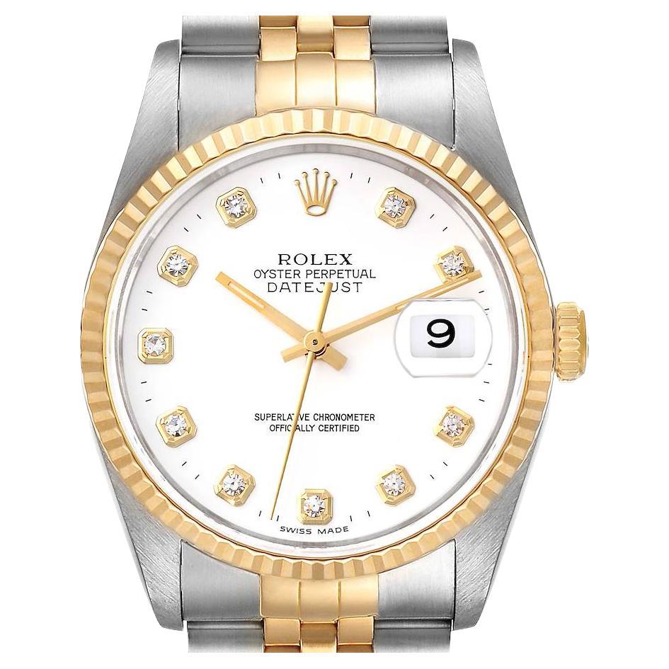 Rolex Datejust Stahl-Herrenuhr aus Gelbgold mit weißem Diamant-Zifferblatt 16233