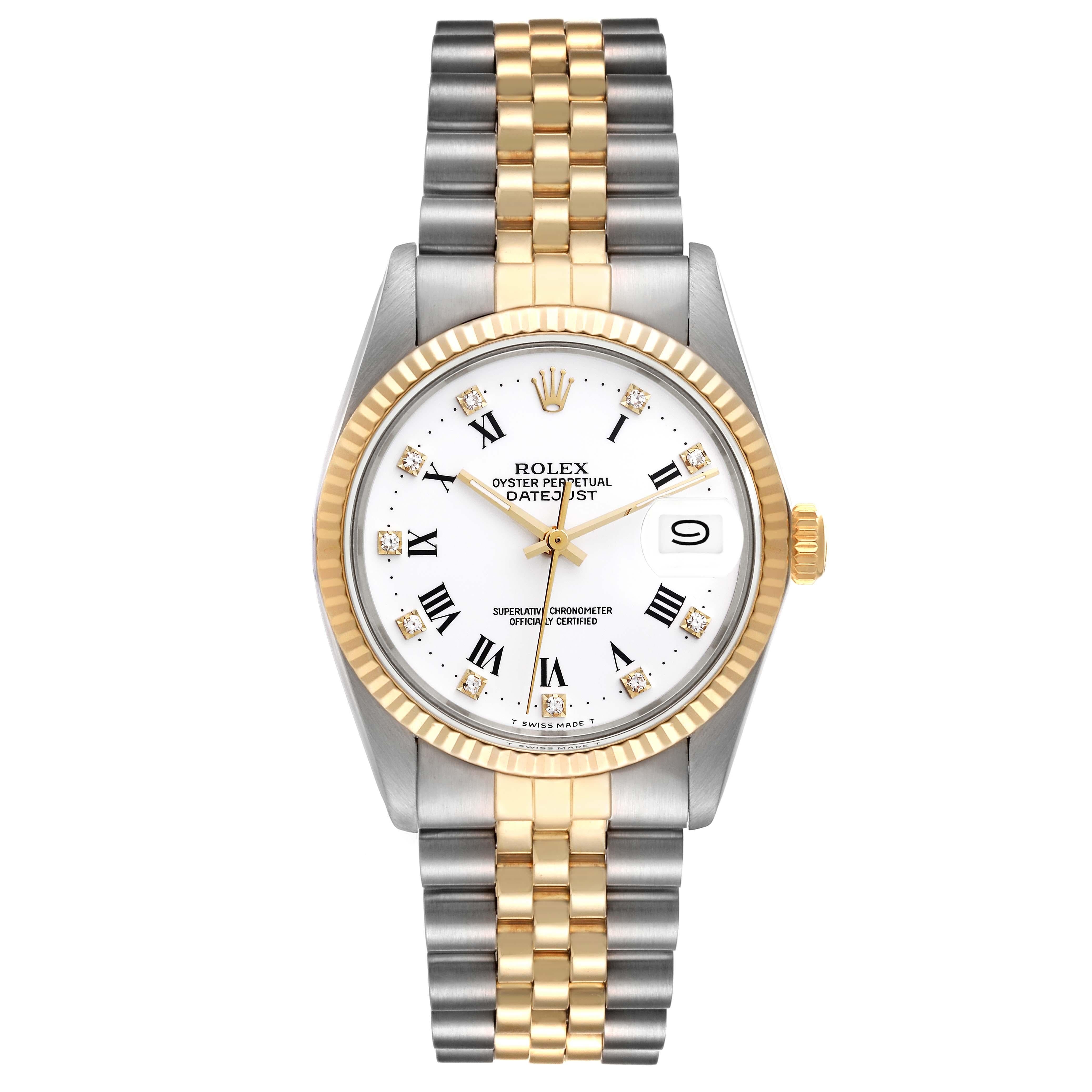 Rolex Datejust Steel Yellow Gold White Diamond Dial Vintage Mens Watch 16013. Officially certified chronometer automatic self-winding movement. Stainless steel oyster case 36.0 mm in diameter. Rolex logo on a crown. 18k yellow gold fluted bezel.