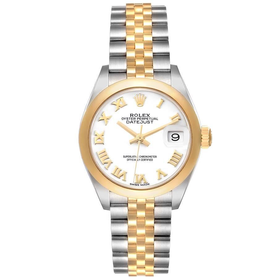 Rolex Datejust Steel Yellow Gold White Roman Dial Ladies Watch 279163. Officially certified chronometer self-winding movement. Stainless steel oyster case 28 mm in diameter. Rolex logo on a 18k yellow gold crown. 18k yellow gold smooth domed bezel.