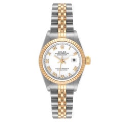 Rolex Datejust Steel Yellow Gold White Roman Dial Ladies Watch 69173 Box Papers