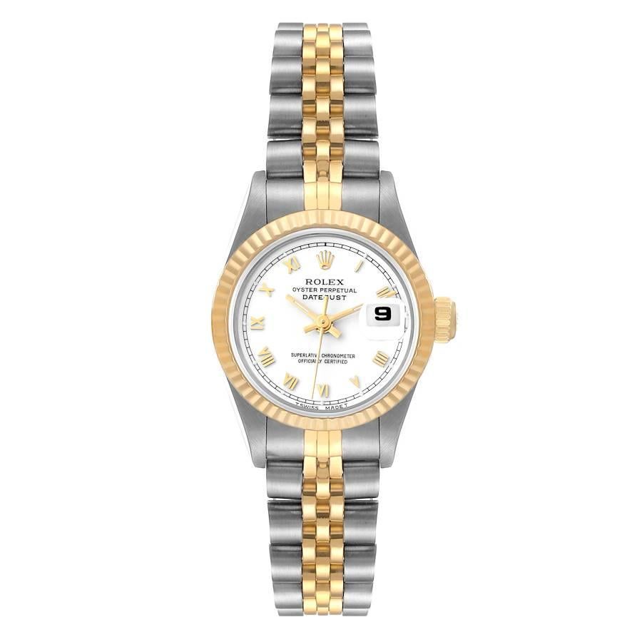 Rolex Datejust Steel Yellow Gold White Roman Dial Ladies Watch 69173. Officially certified chronometer self-winding movement. Stainless steel oyster case 26 mm in diameter. Rolex logo on a crown. 18k yellow gold fluted bezel. Scratch resistant