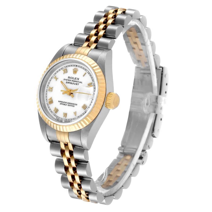Rolex Datejust Steel Yellow Gold White Roman Dial Ladies Watch 69173 In Excellent Condition In Atlanta, GA