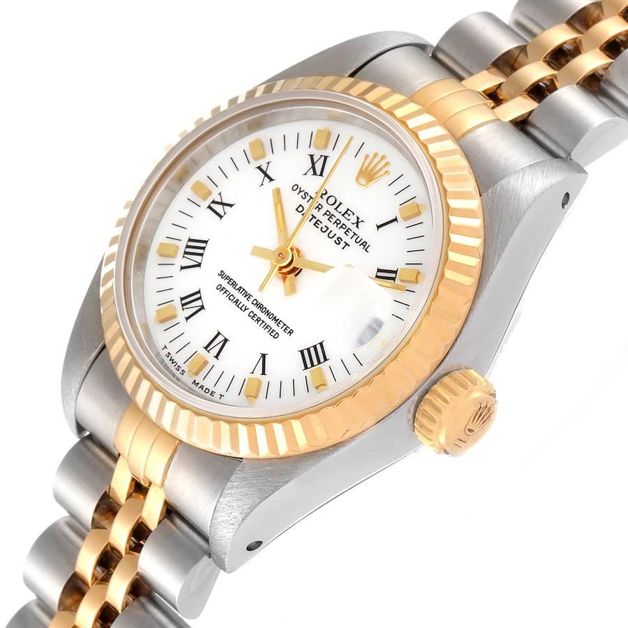 Rolex Datejust Steel Yellow Gold White Roman Dial Ladies Watch 69173 In Excellent Condition For Sale In Atlanta, GA