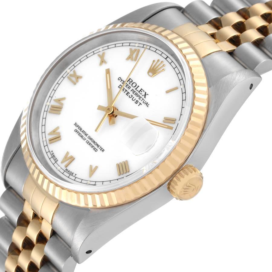 Men's Rolex Datejust Steel Yellow Gold White Roman Dial Mens Watch 16233 Box Papers