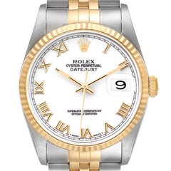 Rolex Datejust Steel Yellow Gold White Roman Dial Mens Watch 16233 Box Papers